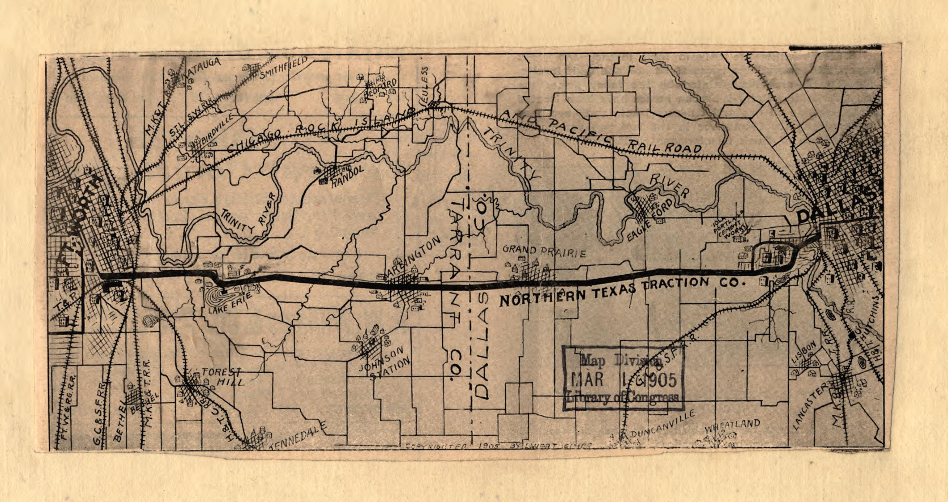 This old map of Map Showing Railroads and Connecting Lines of the Northern Texas Traction Co. from Ft. Worth to Dallas, Texas from 1905 was created by  Northern Texas Traction Co in 1905