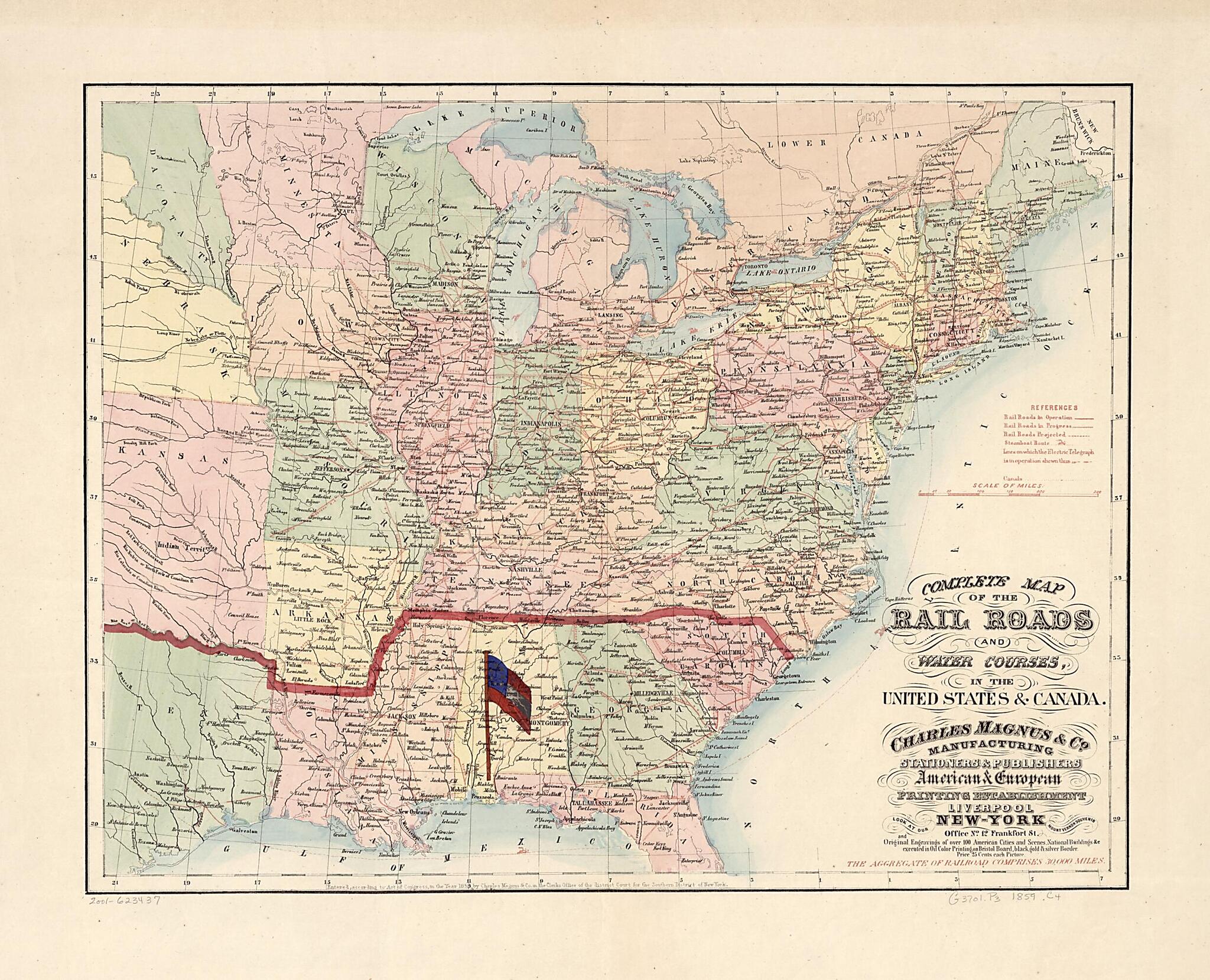 This old map of Complete Map of the Rail Roads and Water Courses In the United Staes &amp; Canada from 1859 was created by  Charles Magnus &amp; Co in 1859