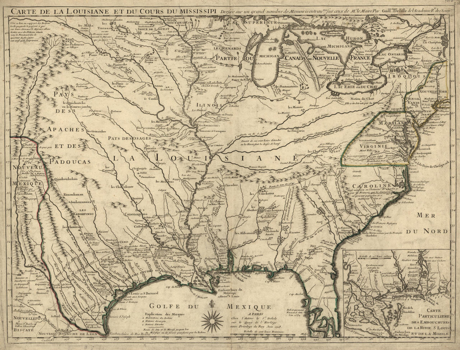 Carte De La Louisiane Et Du Cours Du Mississipi i.e. Mississippi: Dressée Sur Un Grand Nombre De Mémoires Entrautres Sur Ceux De Mr. Le Maire 1718 by Relic Map Company