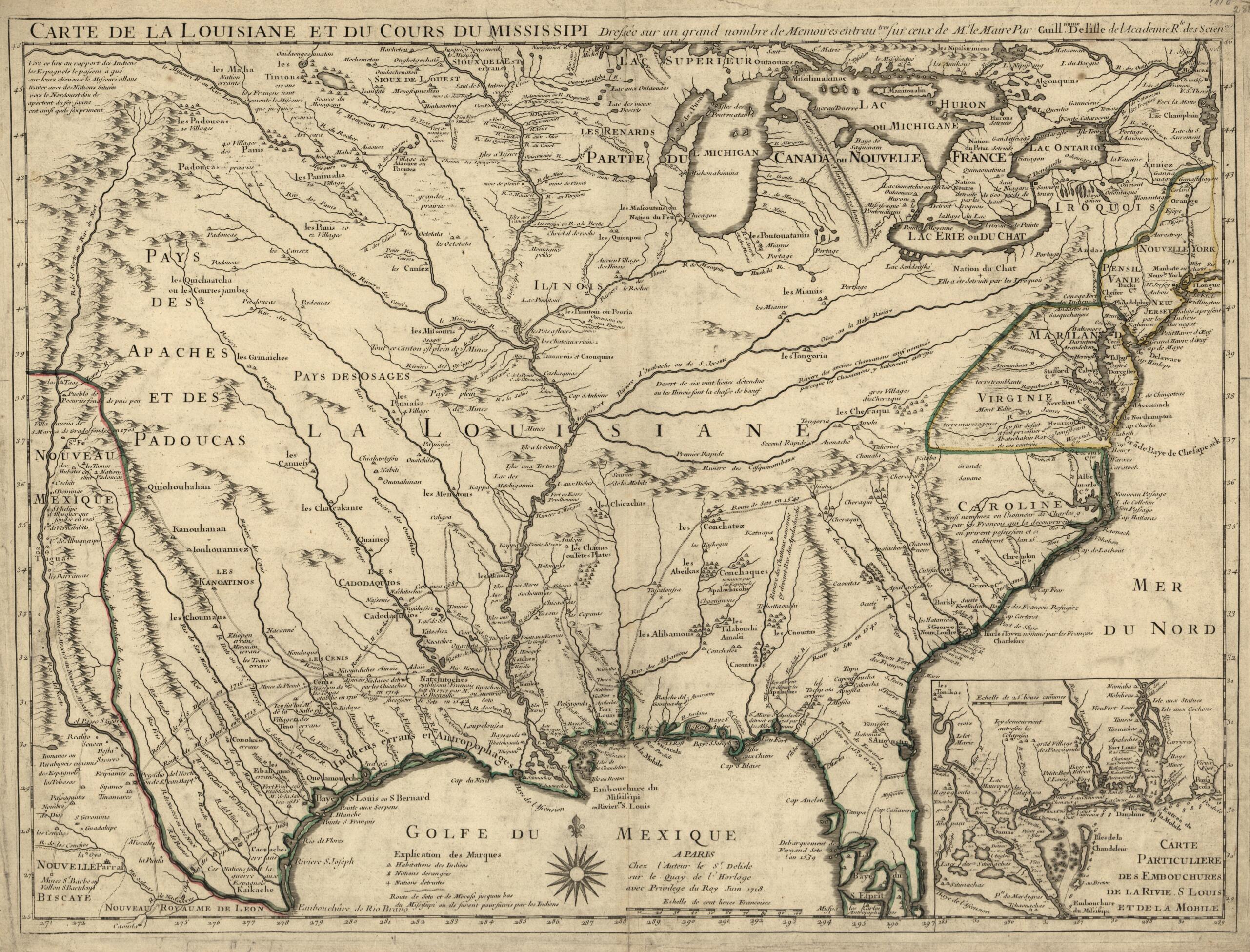 Carte De La Louisiane Et Du Cours Du Mississipi i.e. Mississippi: Dressée Sur Un Grand Nombre De Mémoires Entrautres Sur Ceux De Mr. Le Maire 1718 by Relic Map Company