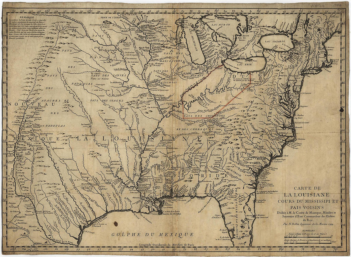 Carte De La Louisiane Cours Du Mississipi i.e. Mississippi Et Pais Voisins : Dediée à M. Le Comte De Maurepas, Ministre Et Secretaire D&