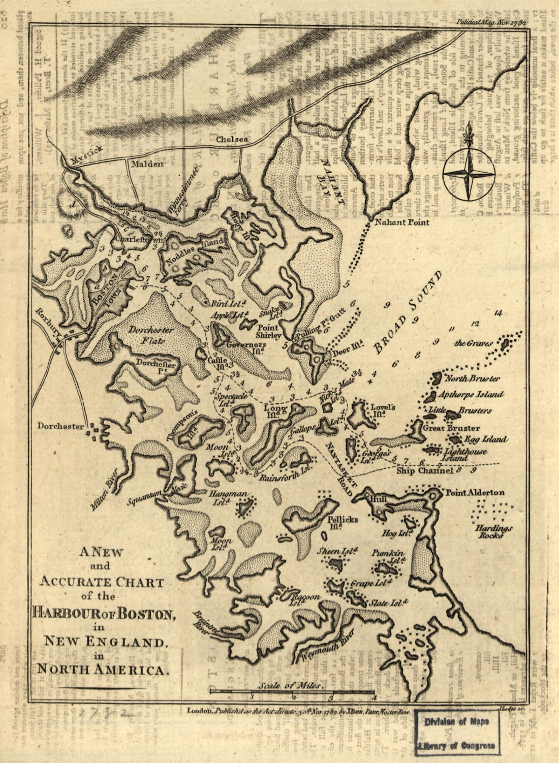 This old map of A New and Accurate Chart of the Harbour of Boston In New England In North America from 1782 was created by John Bew, John Lodge in 1782