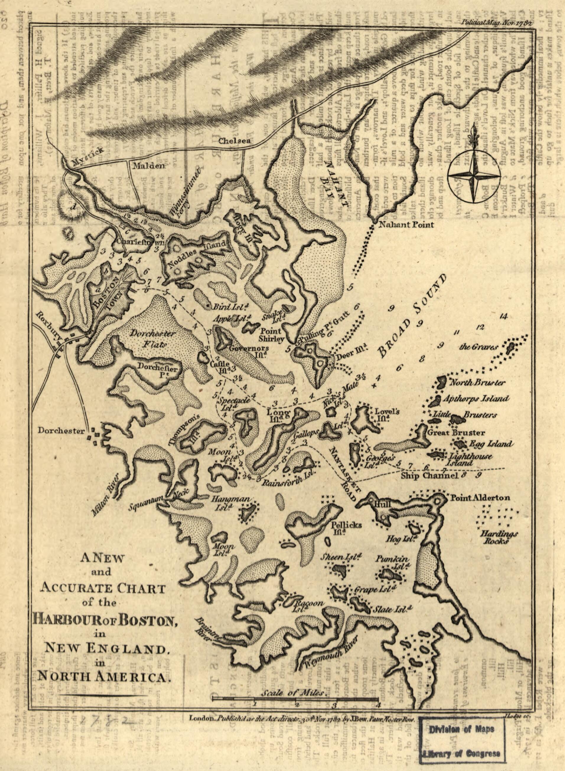 This old map of A New and Accurate Chart of the Harbour of Boston In New England In North America from 1782 was created by John Bew, John Lodge in 1782