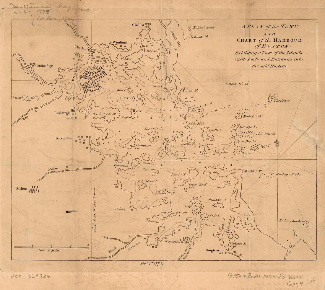 This old map of A Plan of the Town and Chart of the Harbour of Boston : Exhibiting a View of the Islands, Castle Forts, and Entrances Into the Said Harbour from 1775 was created by  in 1775
