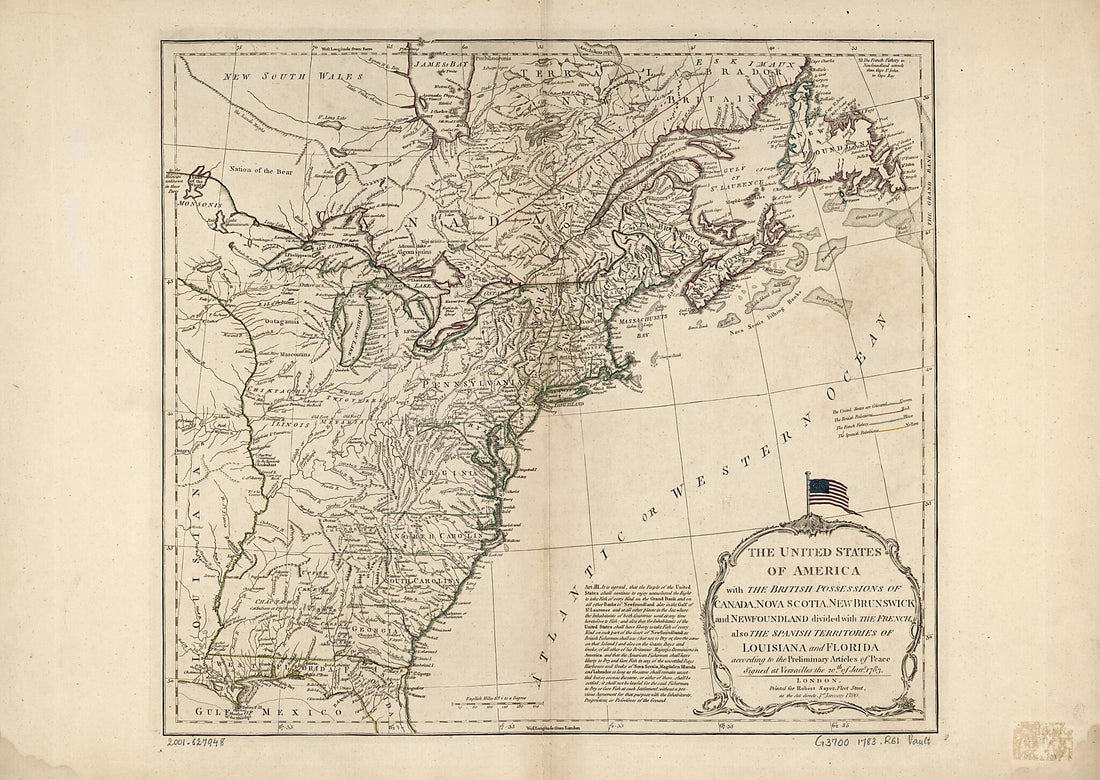 This old map of The United States of America With the British Possessions of Canada, Nova Scotia, New Brunswick and Newfoundland Divided With the French, Also the Spanish Territories of Louisiana and Florida, According to the Preliminary Articles of Peac