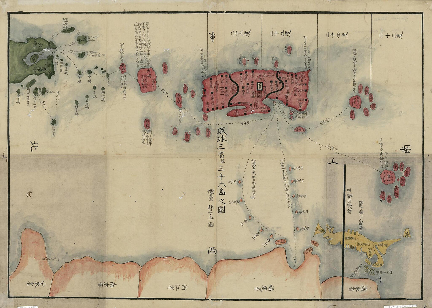 This old map of Sangoku Tsūran Yochi Rotei Zenzu (三国通覧輿地路程全圖 /) from 1785 was created by Shihei Hayashi in 1785