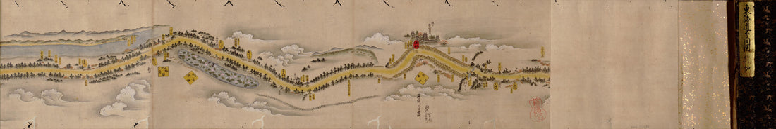 This old map of Tōkaidō Bunken Ezu (東海道分間絵図 /, Tōkaidō Bunken Emaki, /) from 1700 was created by Moronobu Hishikawa,  Ochikochi Dōin in 1700