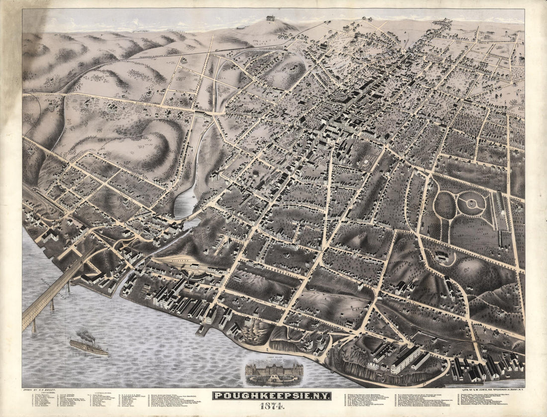 This old map of Poughkeepsie, New York (Poughkeepsie, N.Y., from 1874) was created by H. H. (Howard Heston) Bailey,  Lith. Of G.W. Lewis (Firm) in 1874