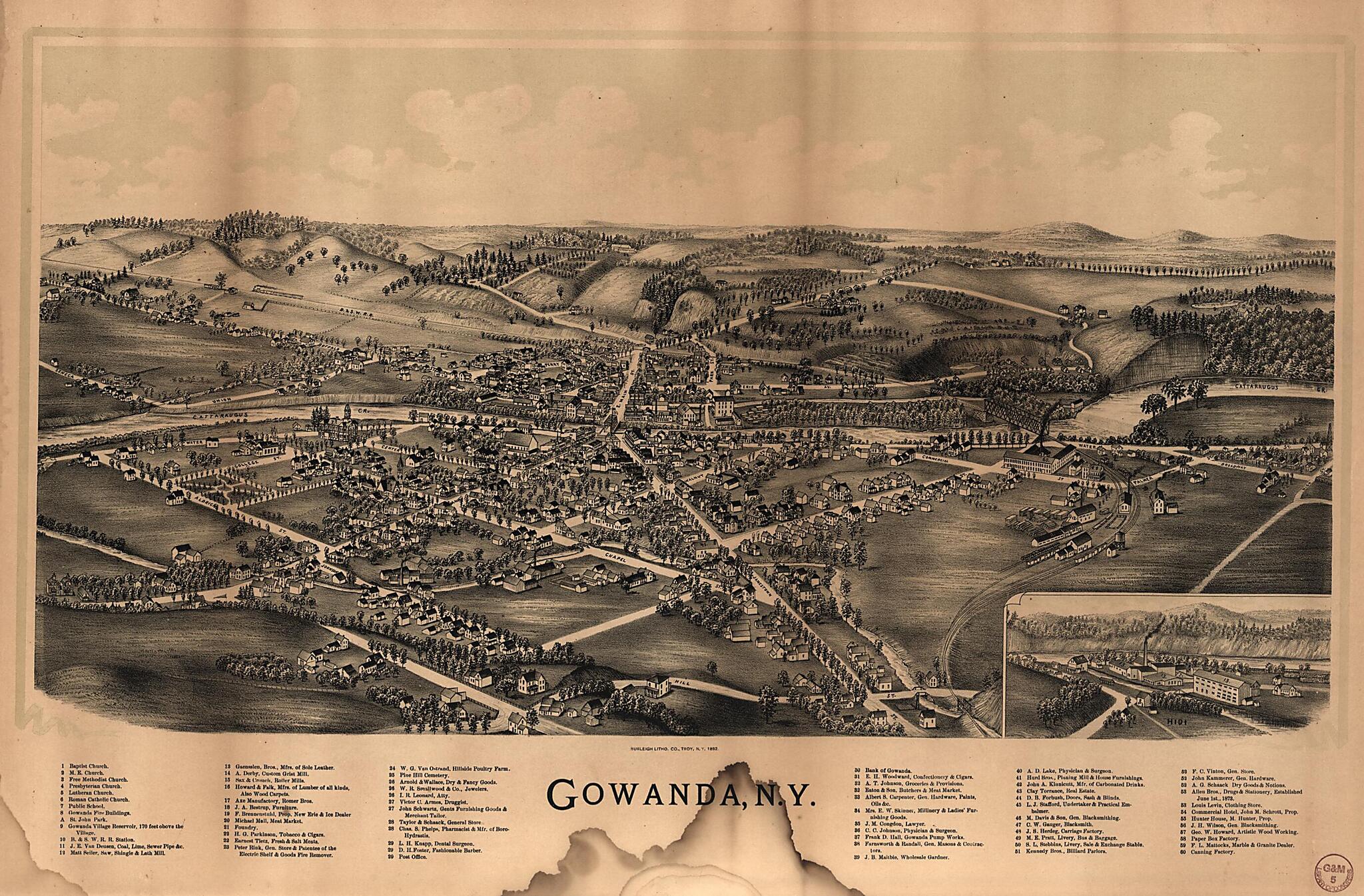 This old map of Gowanda, New York from 1892 was created by  Burleigh Litho,  Historical Graphic Arts Co in 1892