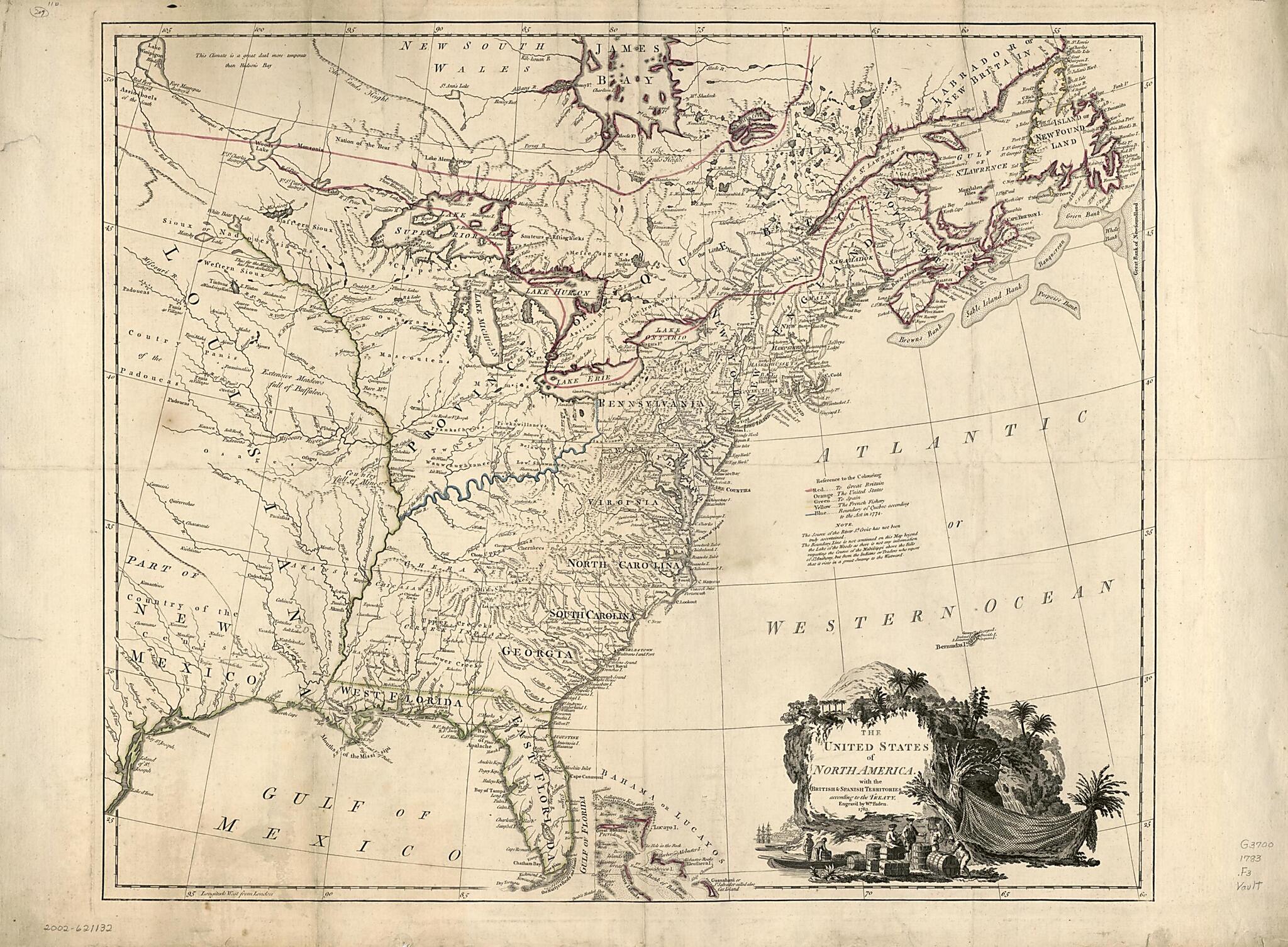 This old map of The United States of North America, With the British &amp; Spanish Territories According to the Treaty from 1783 was created by William Faden in 1783