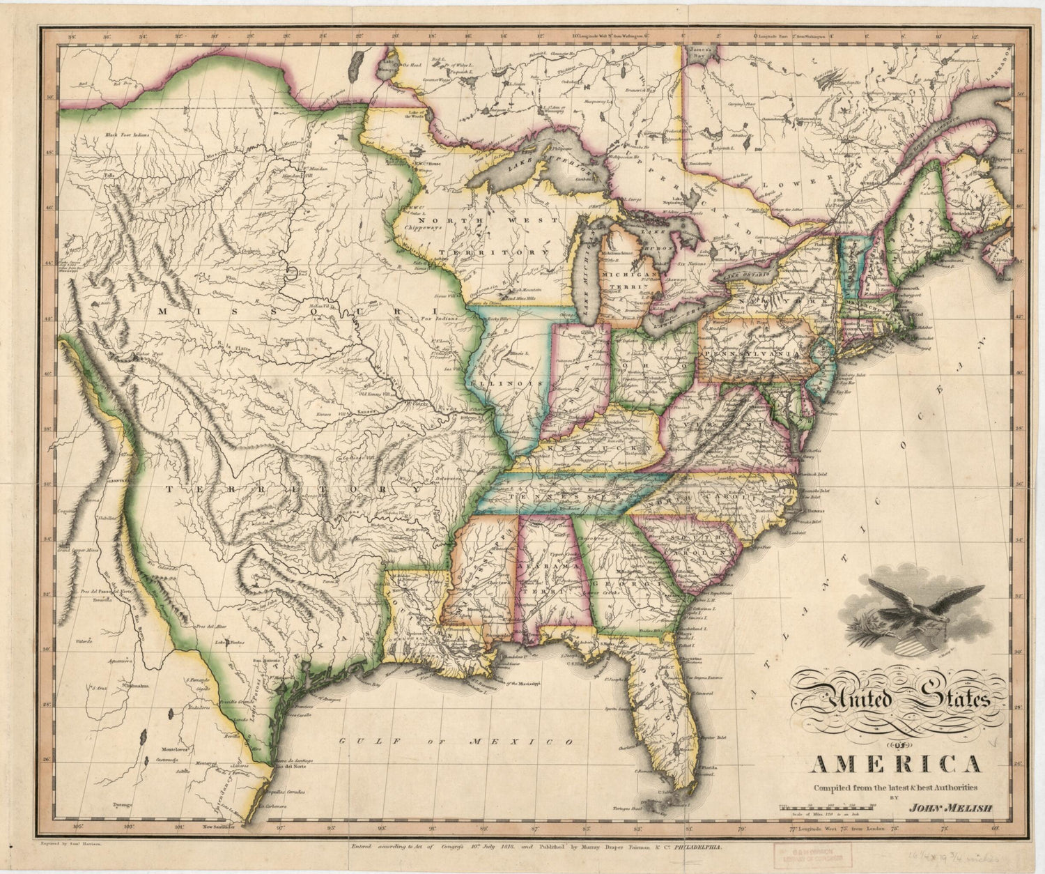 This old map of United States of America from 1818 was created by Samuel Harrison, John Melish, Draper Murray, George Murray in 1818