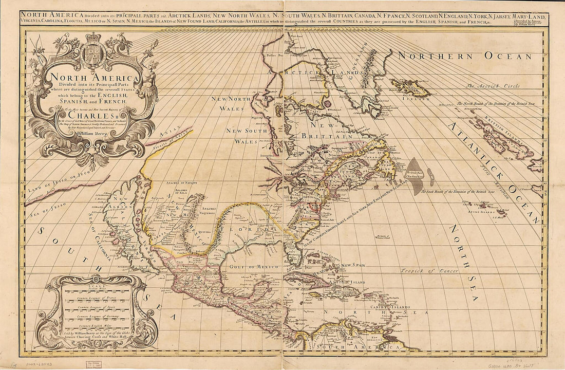 This old map of North America Divided Into Its Principall Parts Where Are Distinguished the Severall States Which Belong to the English, Spanish, and French (Land, Virginia, Carolina, Florida, Mexico, the Islands of New Found Land, California, the Antill