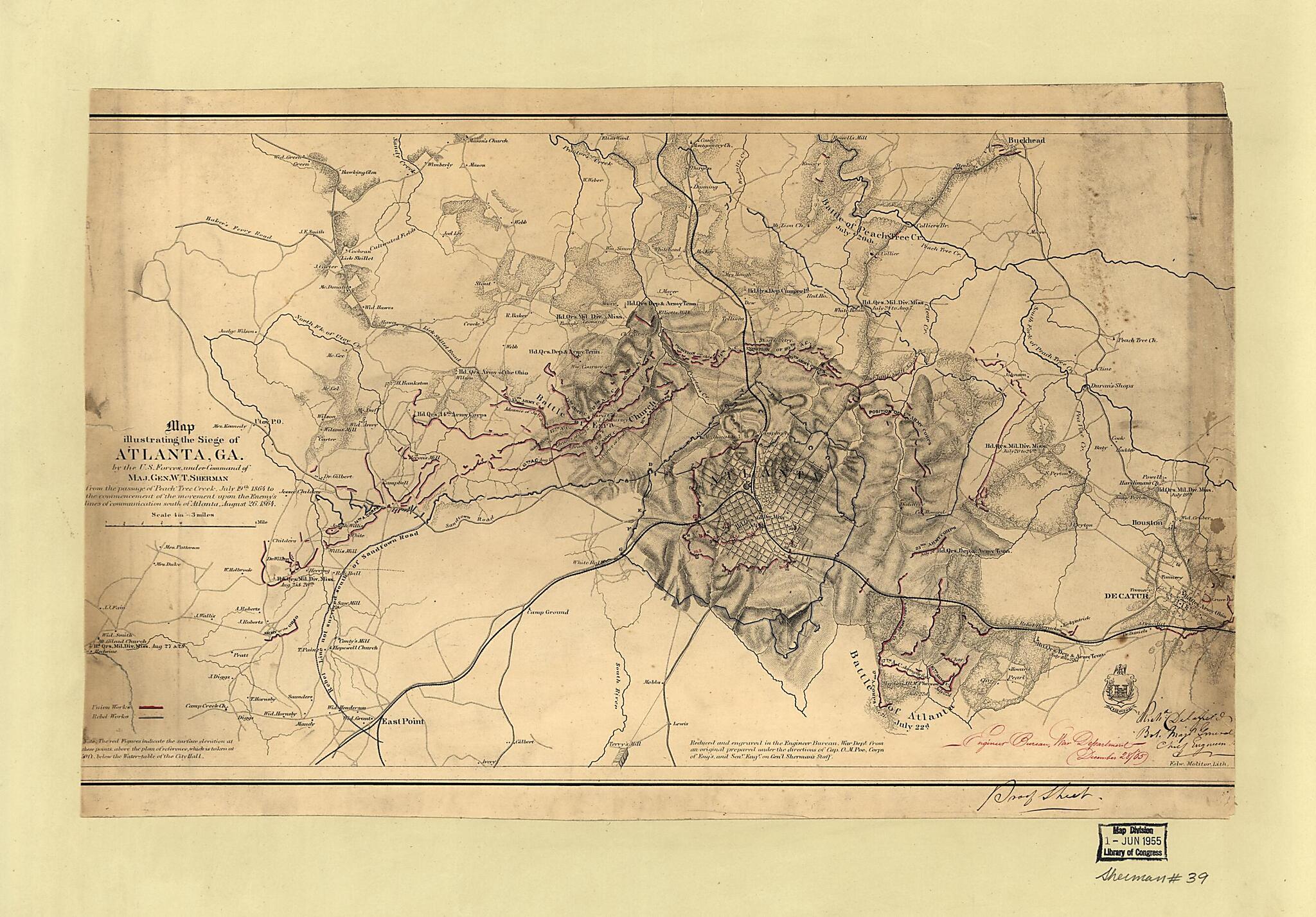 This old map of Map Illustrating the Siege of Atlanta, Georgia, by the U.S. Forces Under Command of Maj. Gen. W.T. Sherman, from the Passage of Peach Tree Creek, July 19th from 1864, to the Commencement of the Movement Upon the Enemy&