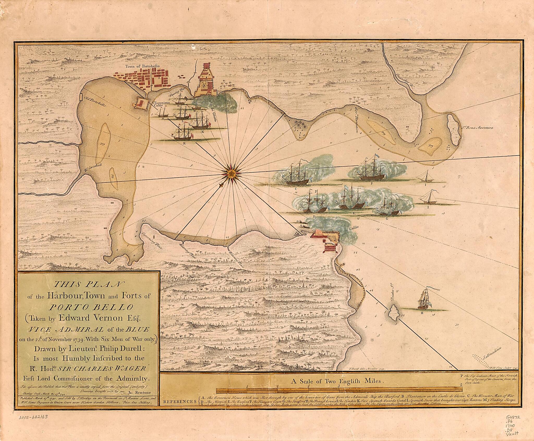 This old map of This Plan of the Harbour, Town, and Forts of Porto Bello (taken by Edward Vernon, Esqr. Vice Admiral of the Blue On the 22d of November 1739 With Six Men of War Only) from 1740 was created by Philip Durell, James Rentone in 1740