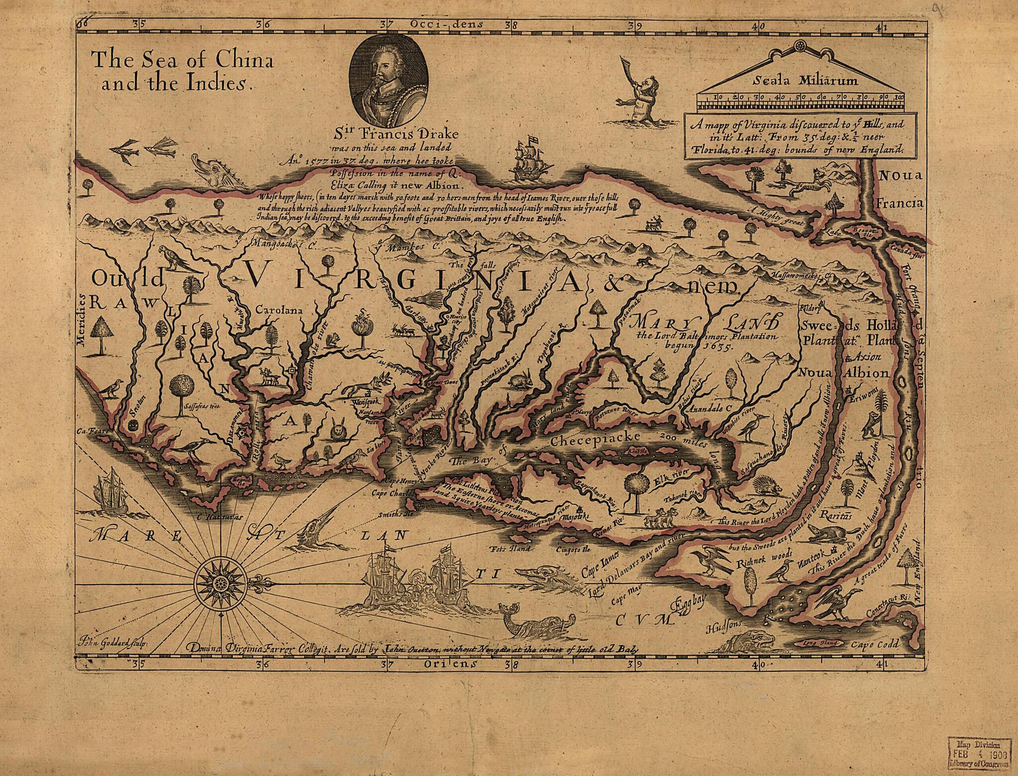 This old map of A Mapp of Virginia Discovered to Ye Hills, and In It&