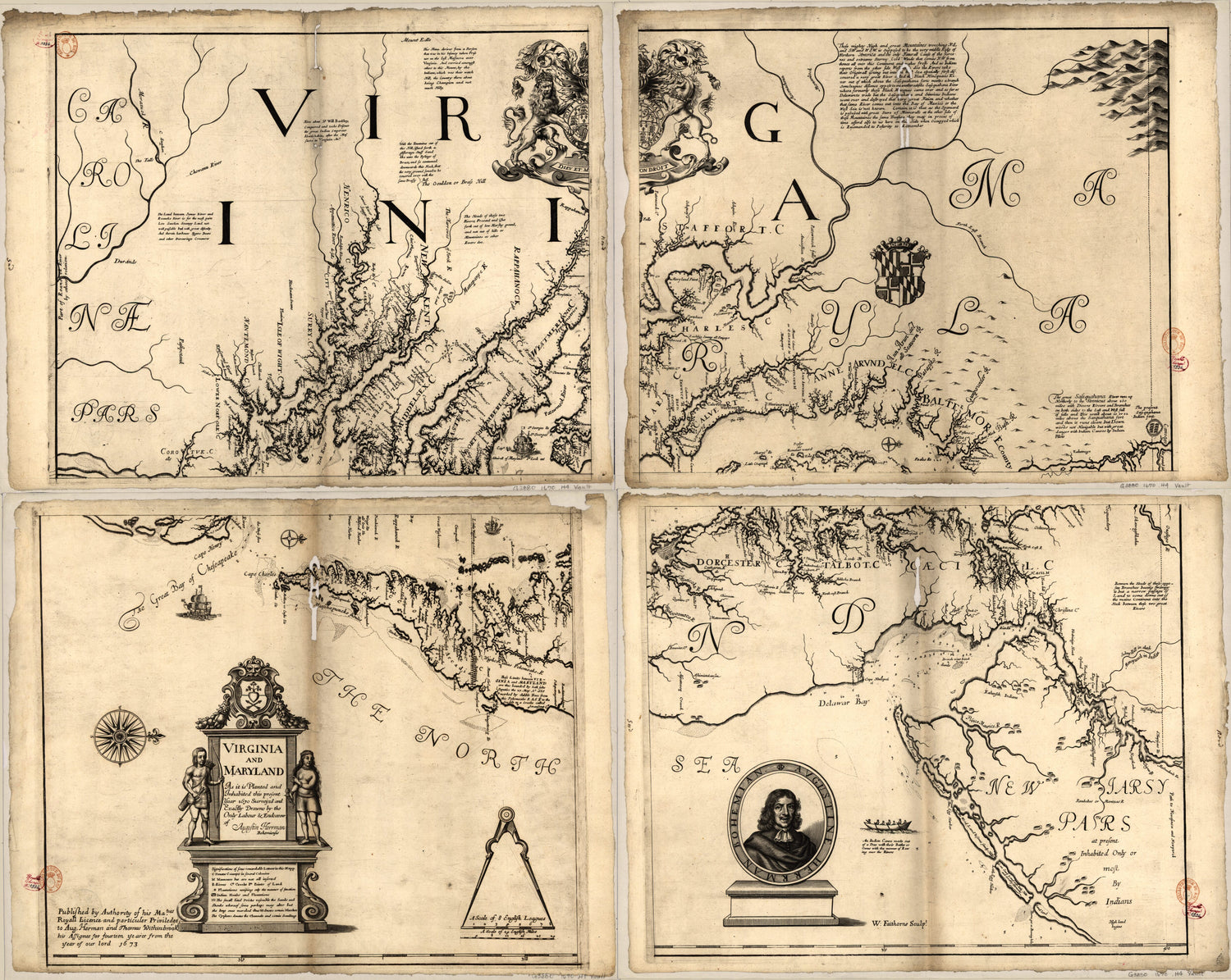 This old map of Virginia and Maryland As It Is Planted and Inhabited This Present Year 1670 from 1673 was created by Henry Faithorne, Augustine Herrman, Thomas Withinbrook in 1673