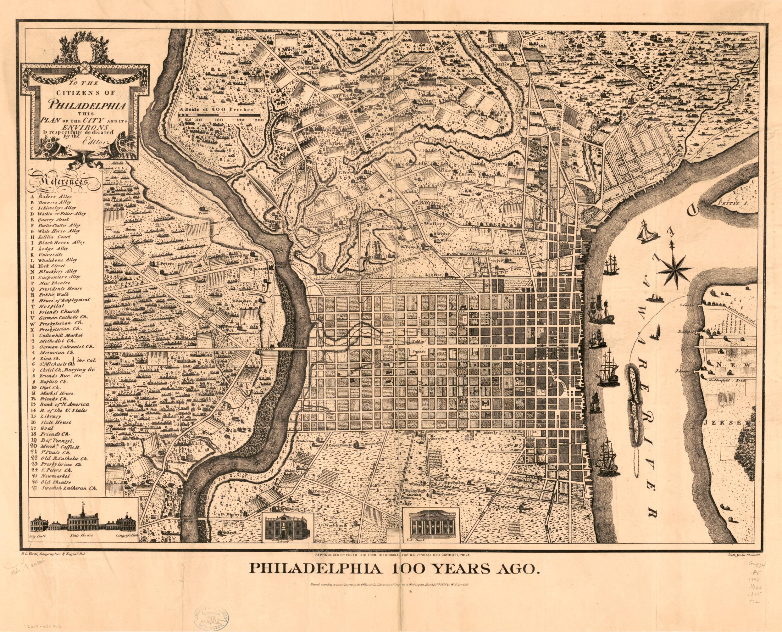 This old map of Philadelphia 100 Years Ago from 1875 was created by John Carbutt, P. C. Varte in 1875