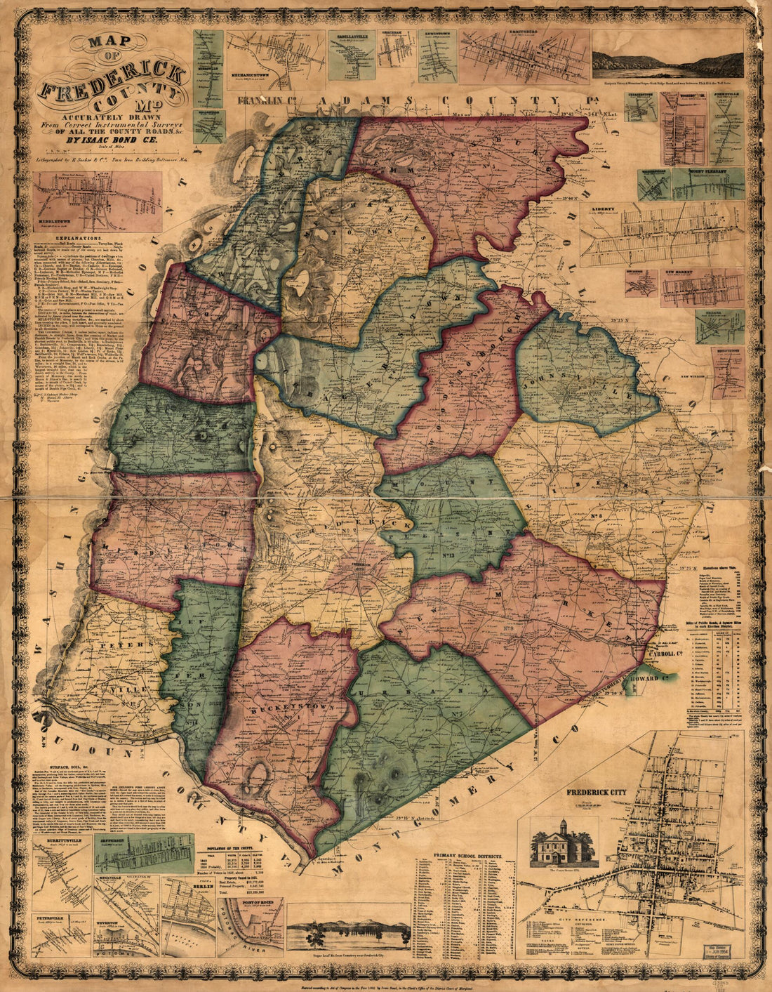This old map of Map of Frederick County, Md. Accurately Drawn from Correct Instrumental Surveys of All the County Roads from 1858 was created by Isaac Bond,  E. Sachse &amp; Co in 1858