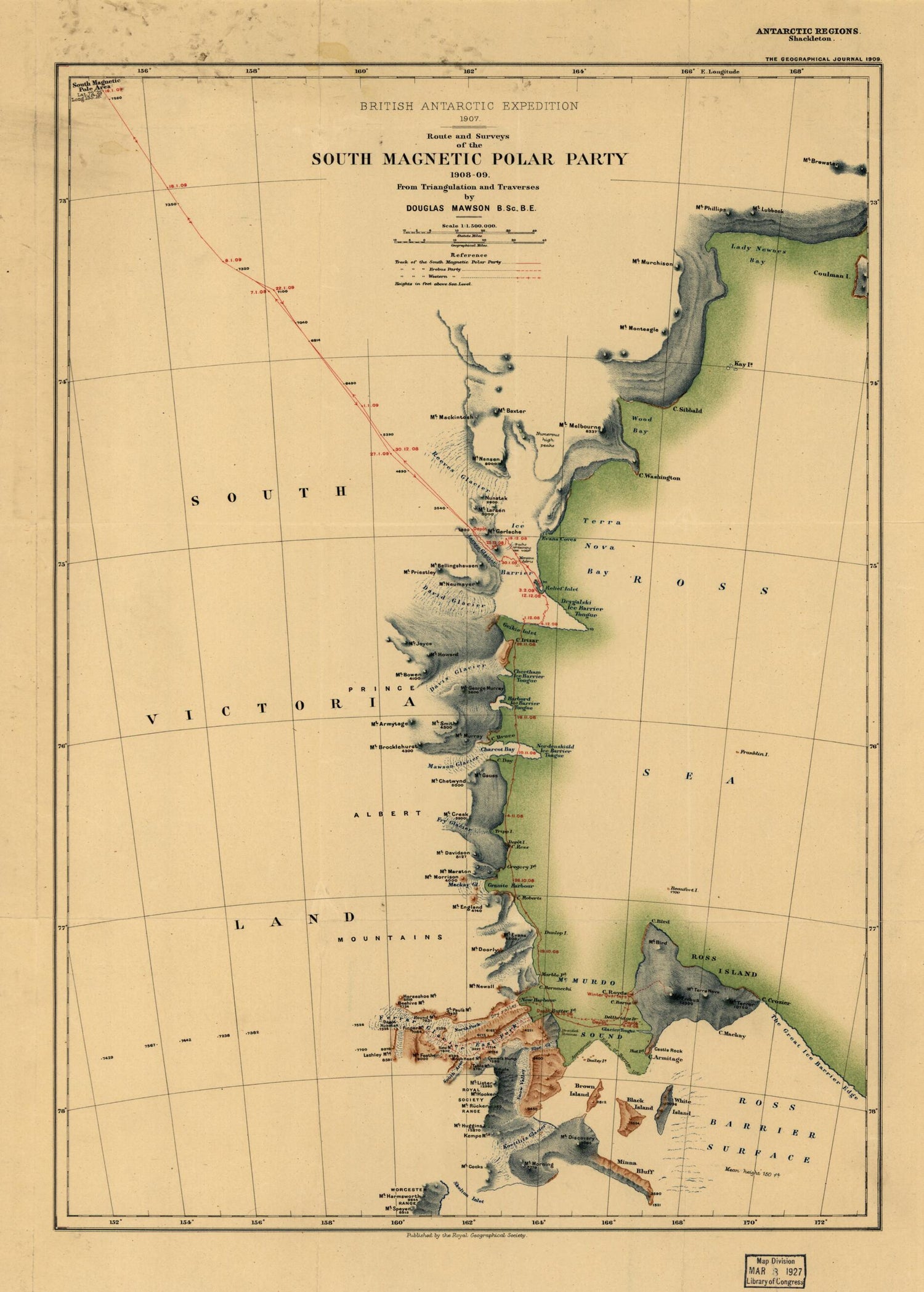 This old map of 09 from 1909 was created by Douglas Mawson, Ernest Henry Shackleton in 1909