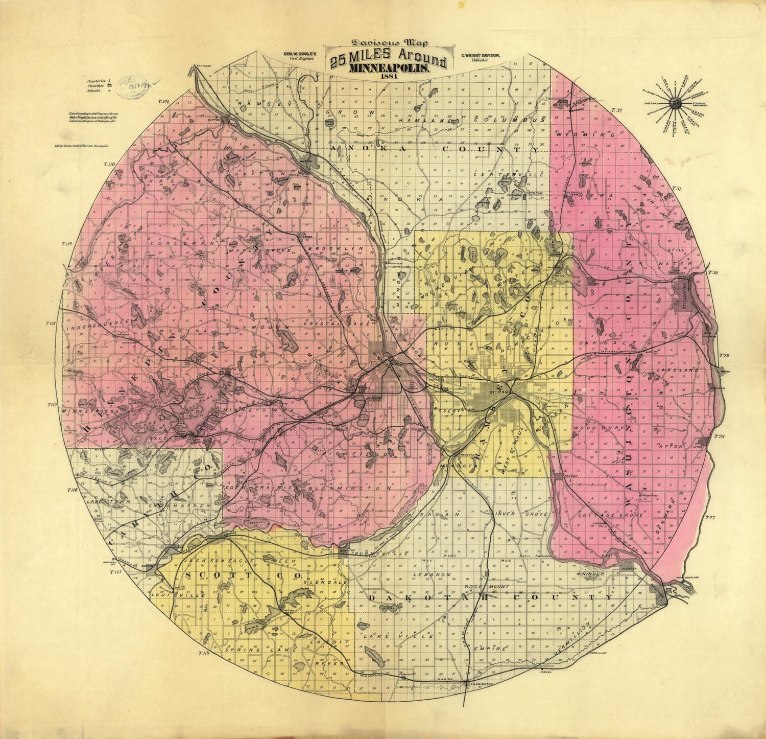 This old map of Davisons Map 25 Miles Around Minneapolis from 1881 was created by C. Wright Davison in 1881