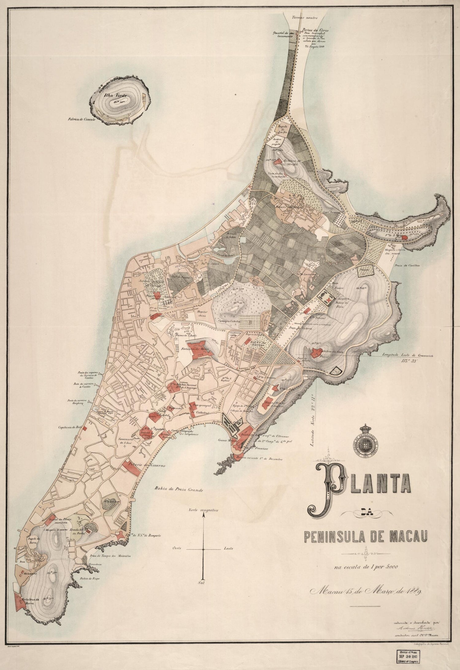 This old map of Planta Da Peninsula De Macau from 1889 was created by  Sociedade De Geografia De Lisboa in 1889