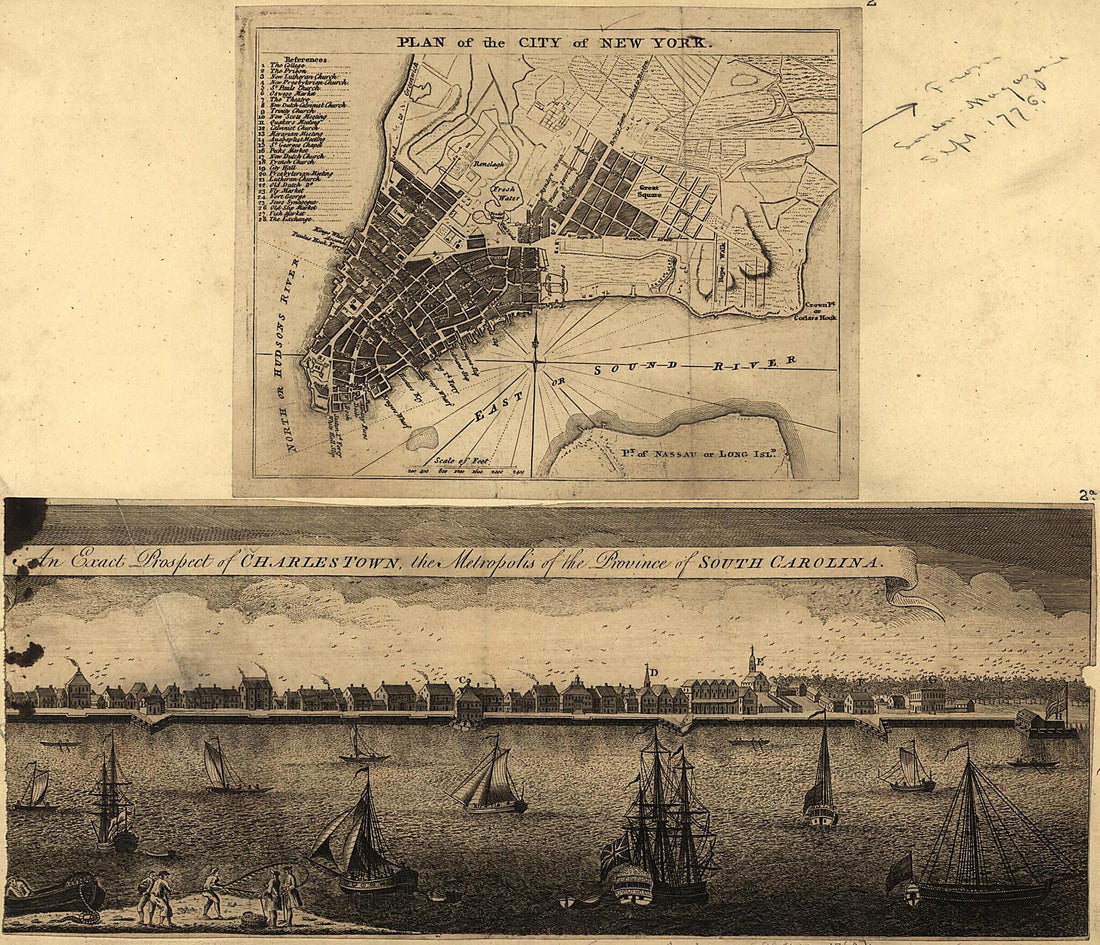 This old map of Plan of the City of New York ; an Exact Prospect of Charlestown : the Metropolis of the Province of South Carolina from 1762 was created by  in 1762
