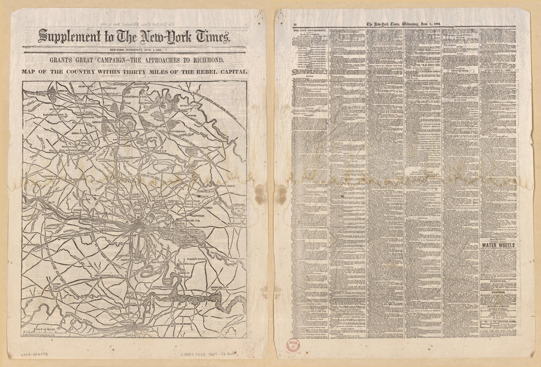 This old map of -the Approach to Richmond, Map of the Country Within Thirty Miles of the Rebel Capital / G. Woolworth Colton, New York (Map of the Country Within Thirty Miles of the Rebel Capital) from 1864 was created by G. Woolworth (George Woolworth)