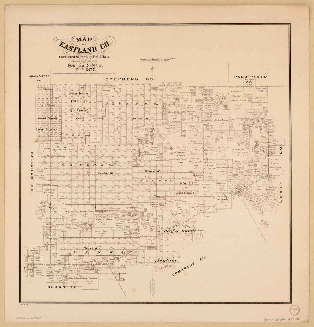 This old map of Map of Eastland Co from 1877 was created by F. G. Blau,  Rand Avery Supply Co in 1877