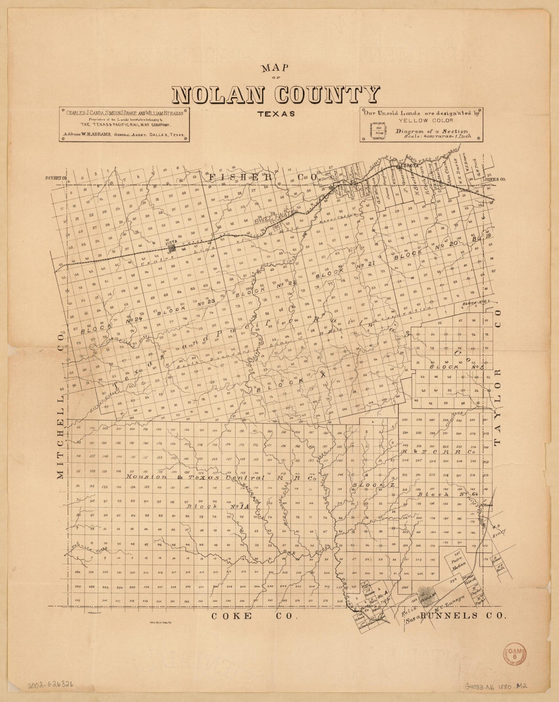 This old map of Map of Nolan County, Texas from 1880 was created by  Dallas Lith. Co,  Texas &amp; Pacific Railway in 1880