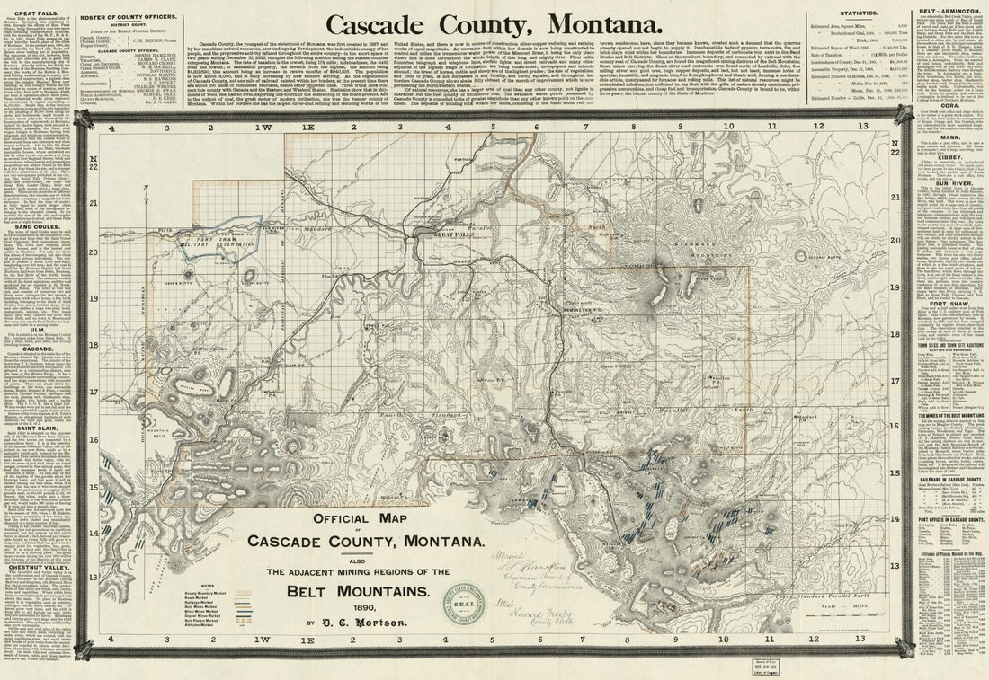 This old map of Official Map of Cascade County, Montana : Also the Adjacent Mining Regions of the Belt Mountains from 1890 was created by O. C. Mortson in 1890