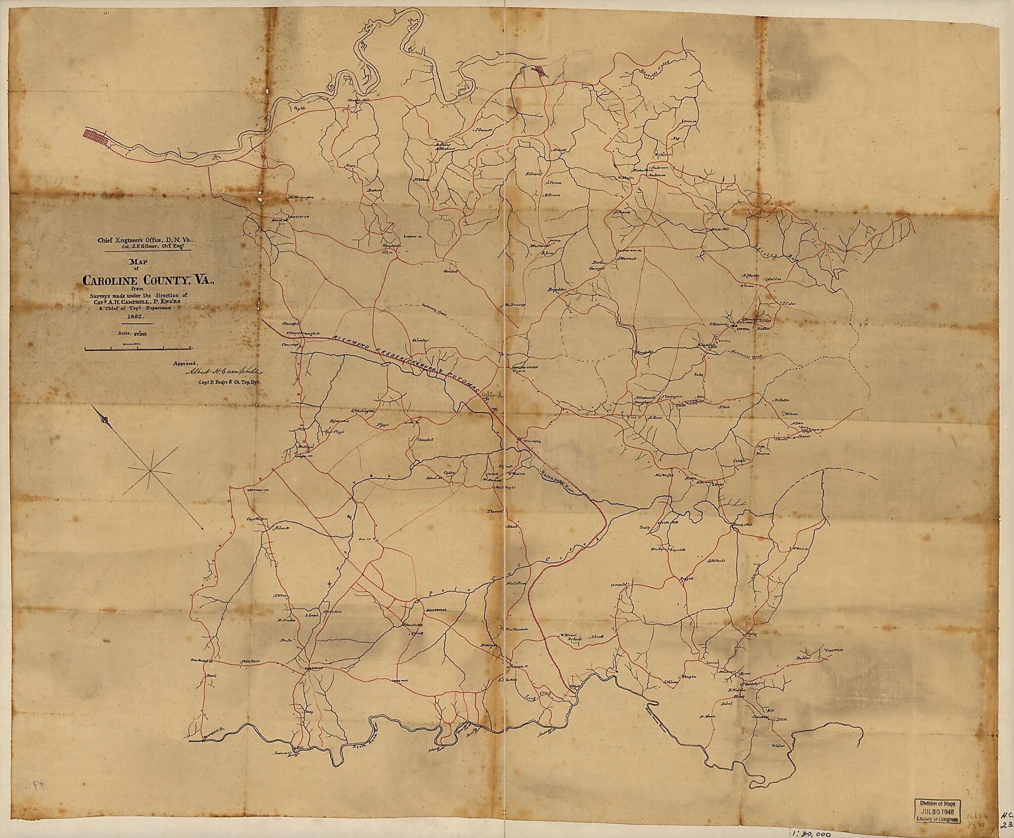 This old map of Map of Caroline County, Va from 1862 was created by Albert H. (Albert Henry) Campbell, Jeremy Francis Gilmer in 1862