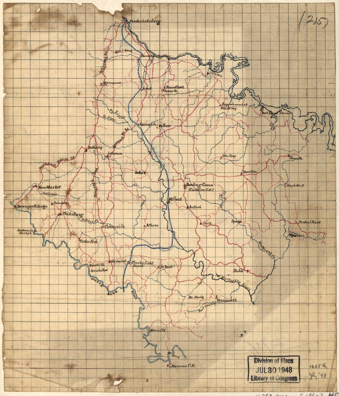 This old map of Caroline Co., Va. (Caroline County, Virginia, Map of the Area Between Fredericksburg and Hanover, Va., Including Caroline County, and the Eastern Part of Spotsylvania County) from 1860 was created by  in 1860