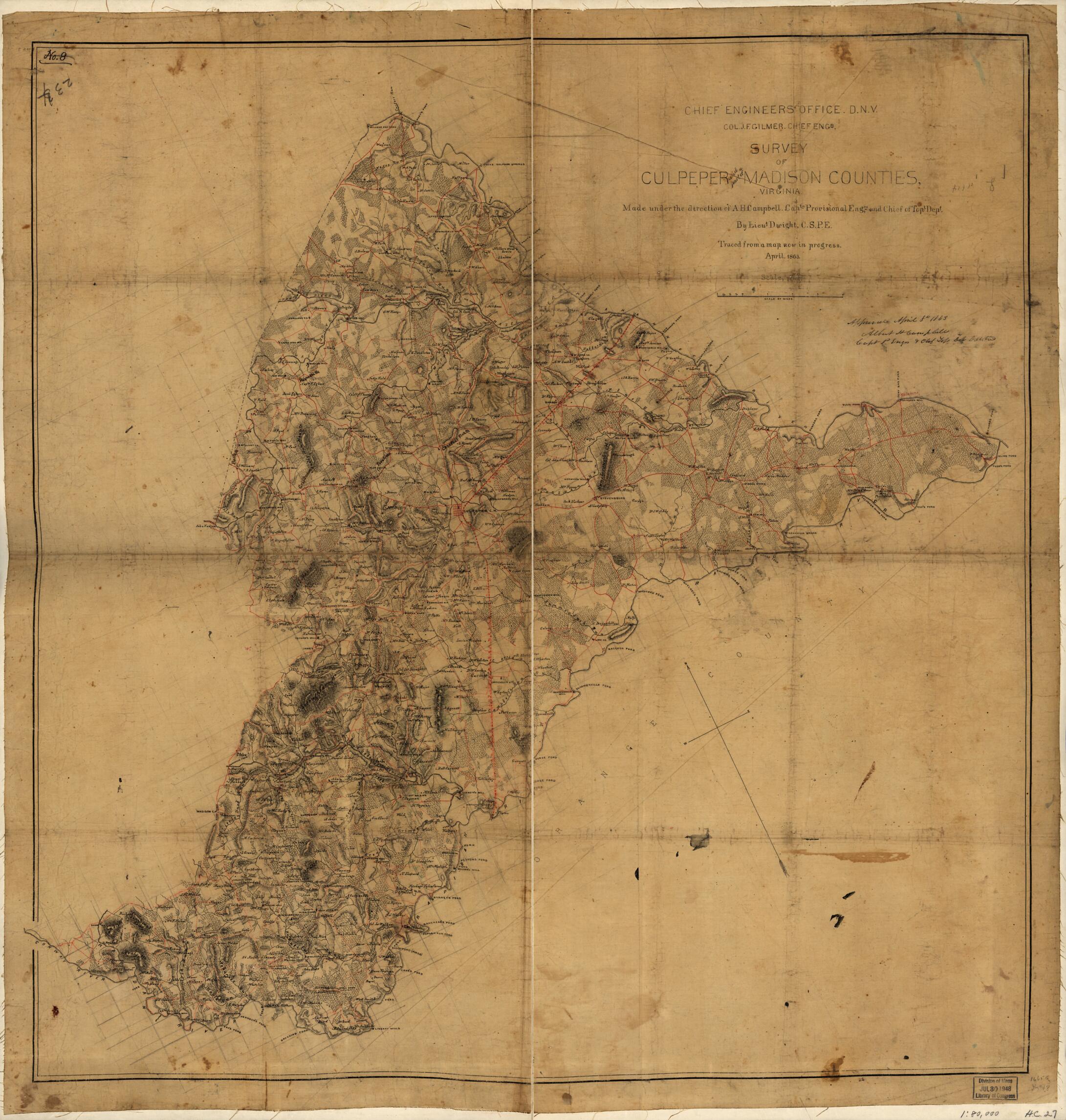 This old map of Survey of Culpeper and a Part of Madison Counties, Virginia from 1863 was created by C. S. Dwight in 1863