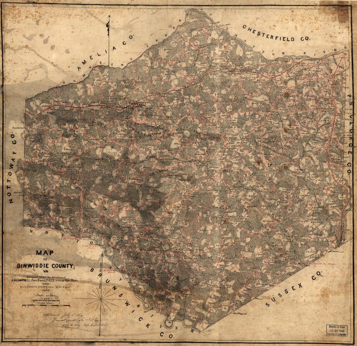 This old map of Map of Dinwiddie County, Va from 1864 was created by Albert H. (Albert Henry) Campbell, H. M. Graves, Innes Randolph, S. L. Sommers in 1864