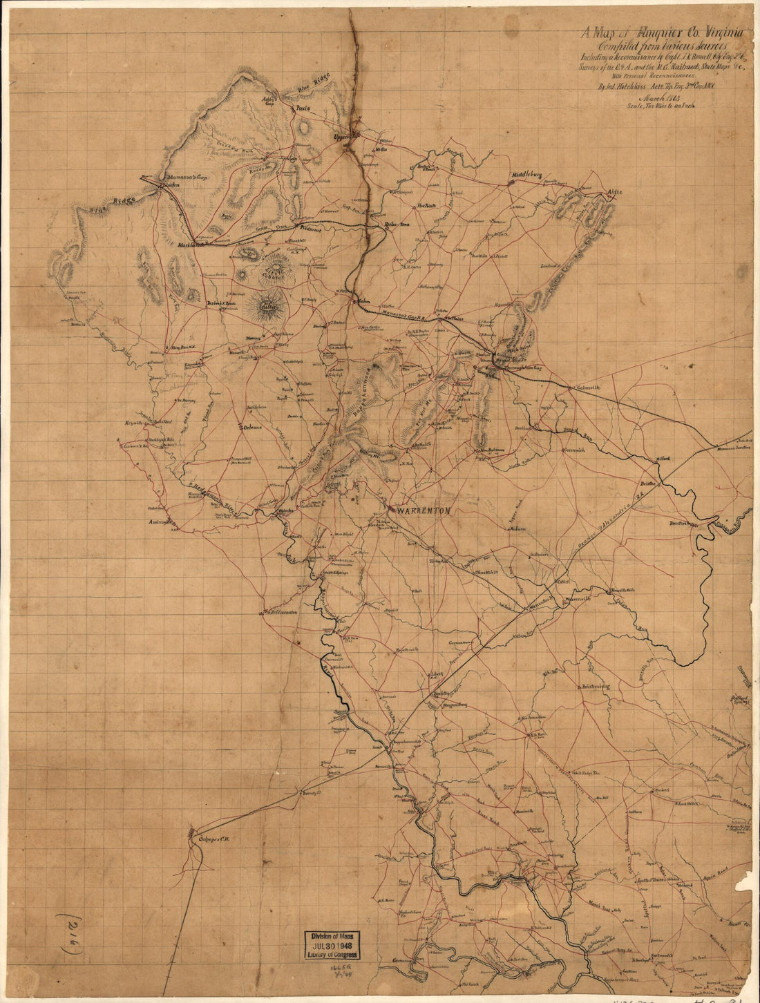 This old map of A Map of Fauquier Co. Virginia (Map of Fauquier County, Virginia) from 1863 was created by J. K. Boswell, Jedediah Hotchkiss in 1863