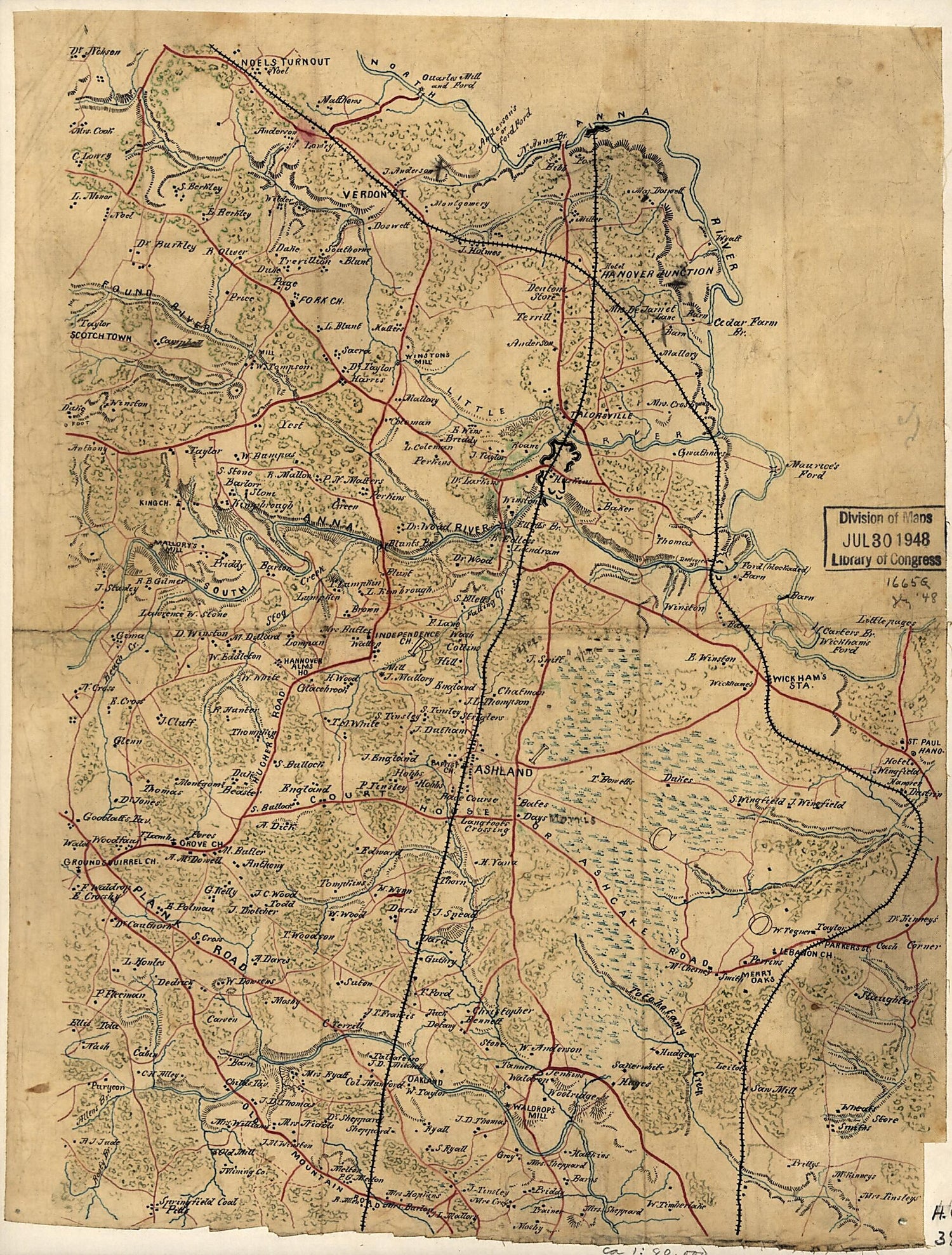 This old map of Map of the Northern Portion of Hanover County, Va., Showing Fortifications On the South Anna River Near Taylorsville from 1860 was created by  in 1860