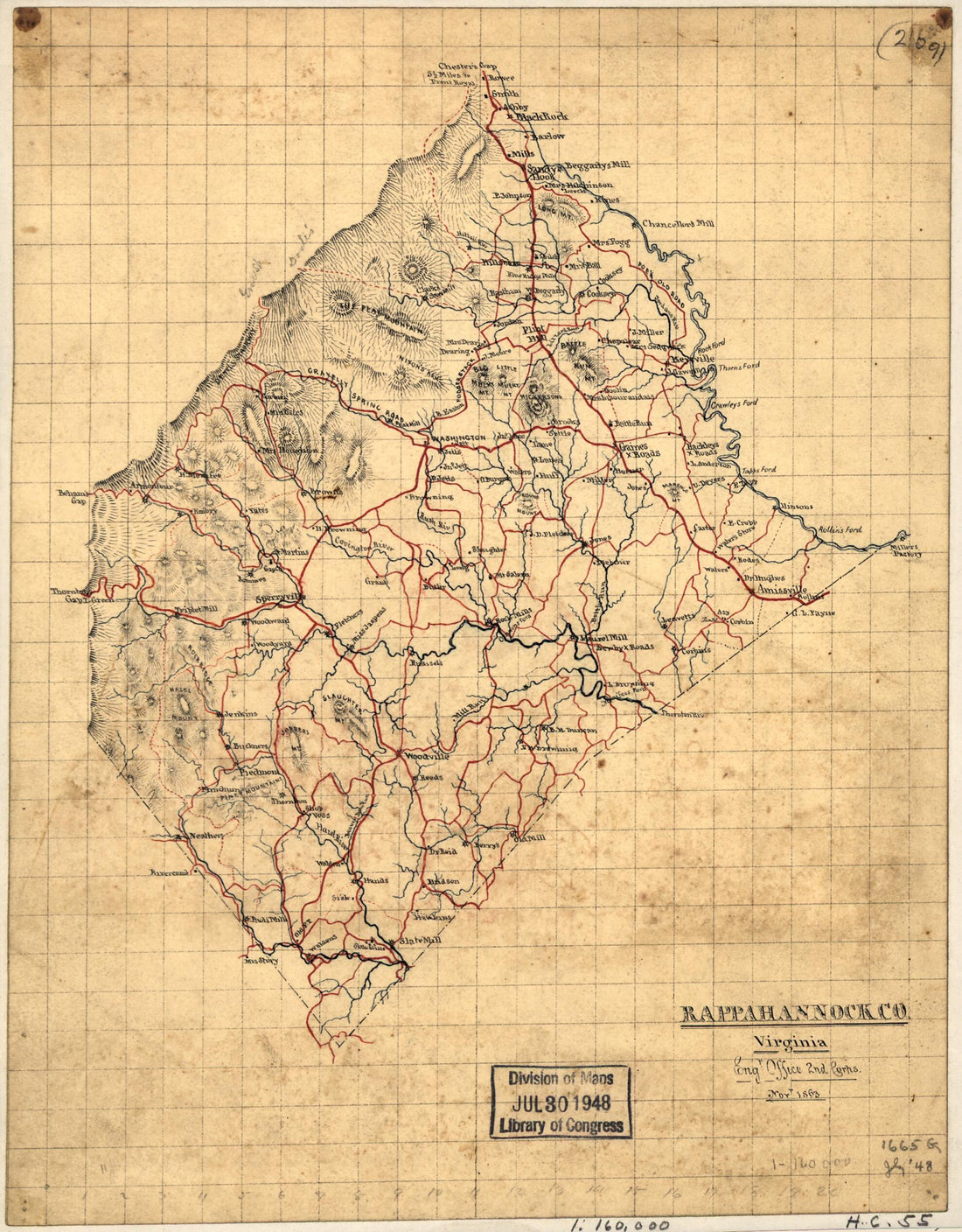 This old map of Rappahannock Co., Virginia (Rappahannock County, Virginia) from 1863 was created by 2nd. Engineer Office Confederate States of America. Army of Northern Virginia. Corps in 1863