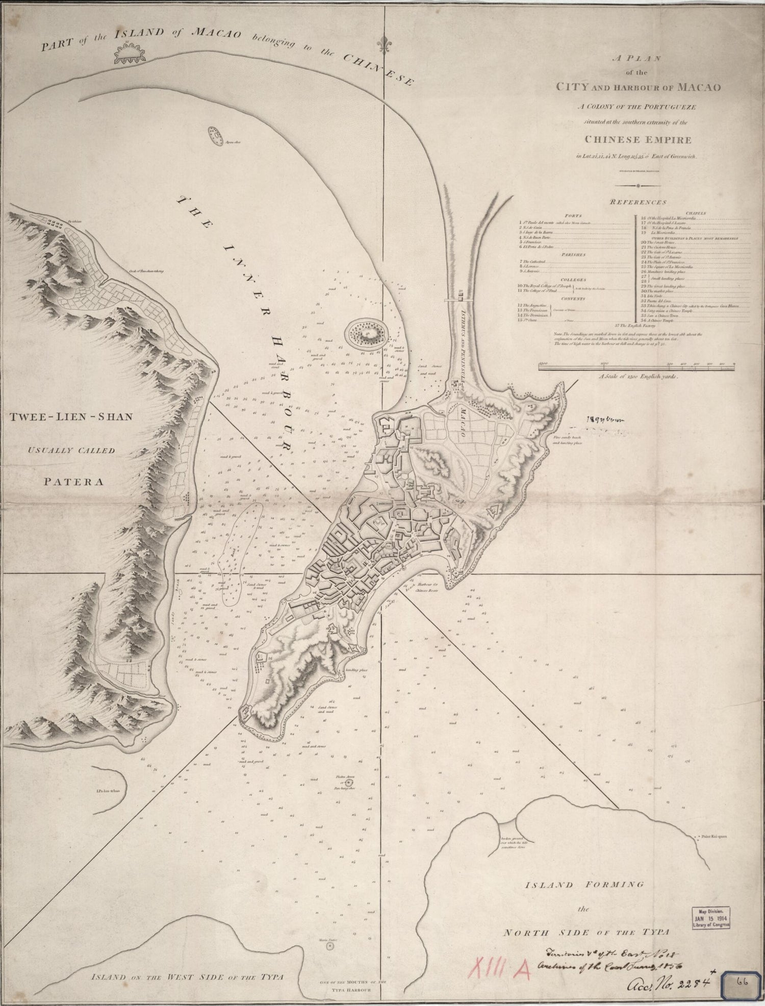 This old map of A Plan of the City and Harbour of Macao : a Colony of the Portugueze, Situated at the Southern Extremity of the Chinese Empire In Lat. 22 ⁰12ʹ44ʺ N., Long. 113⁰35ʹ0ʺ East of Greenwich from 1796 was created by B. (Benjamin) Baker i