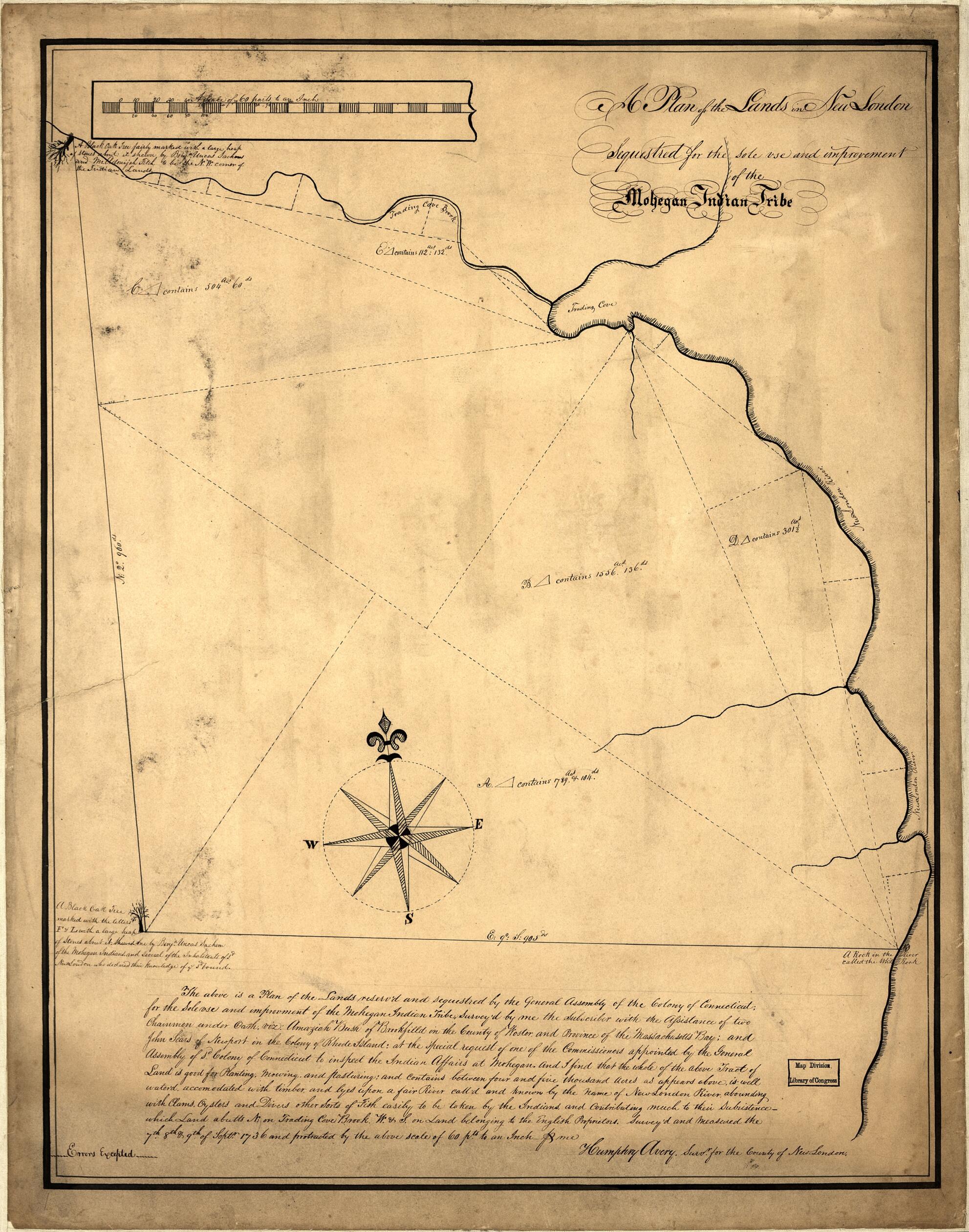 This old map of A Plan of the Lands In New London Sequestred for the Sole Use and Improvement of the Mohegan Indian Tribe from 1736 was created by Humphry Avery in 1736