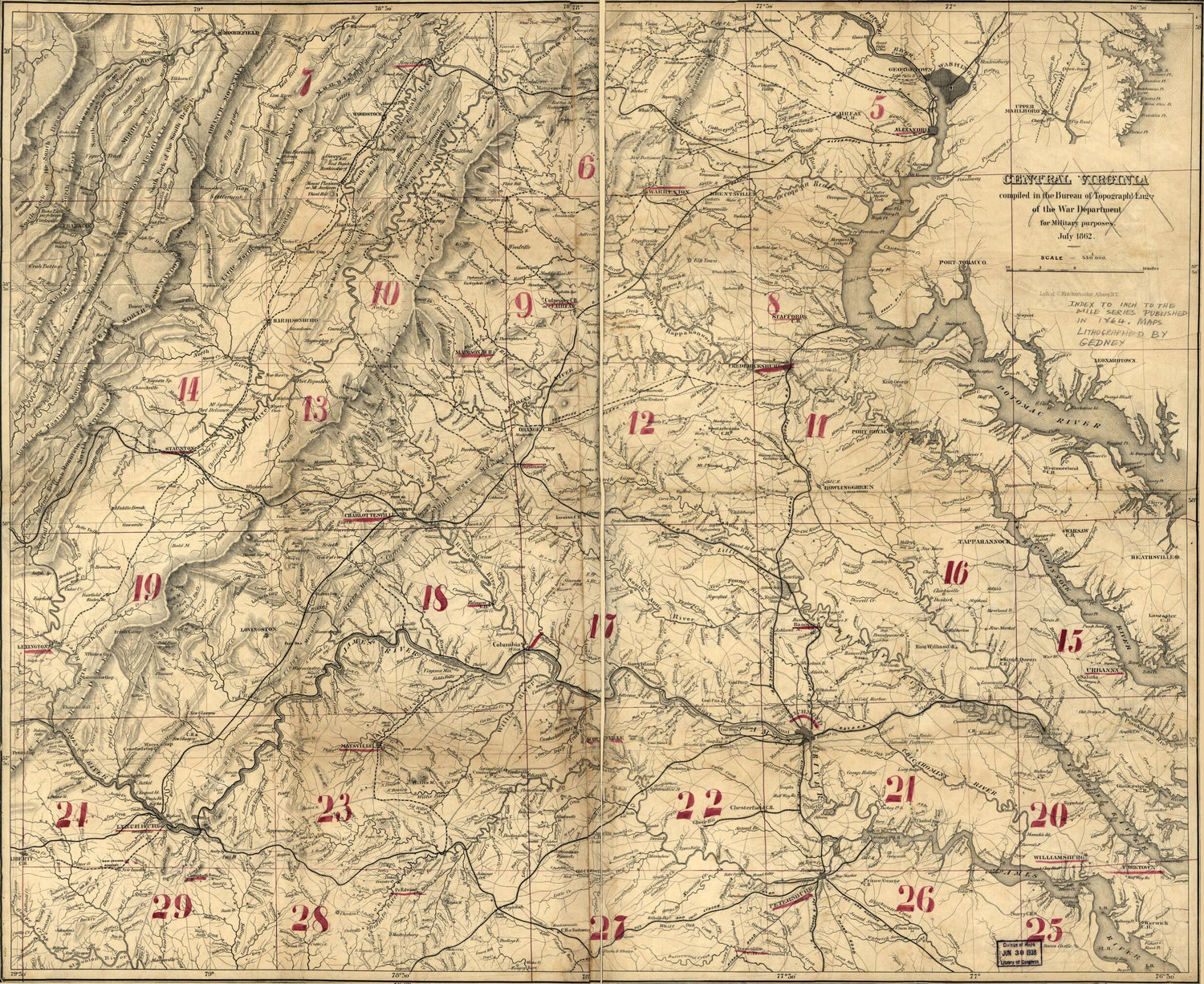 This old map of Central Virginia from 1864 was created by J. F. Gedney,  United States. Army. Corps of Topographical Engineers in 1864