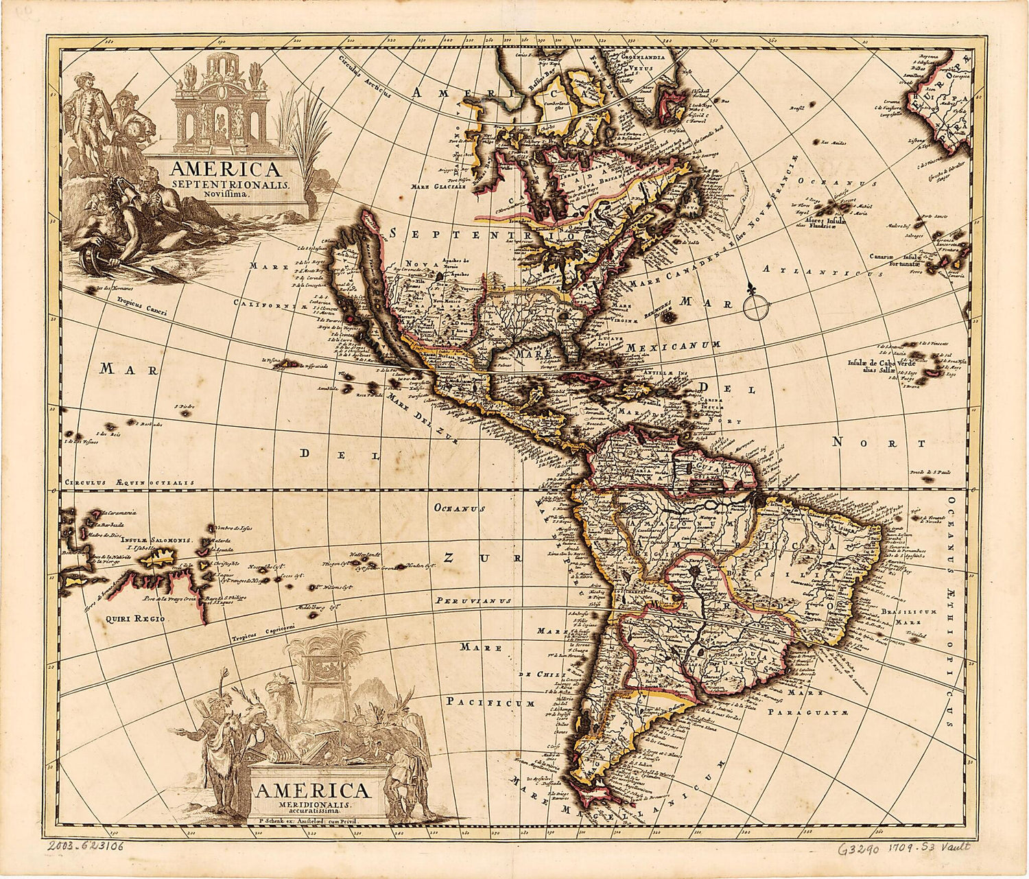 This old map of America Septentrionalis Novissima ; America Meridionalis Accuratissima from 1709 was created by Peter Schenk in 1709