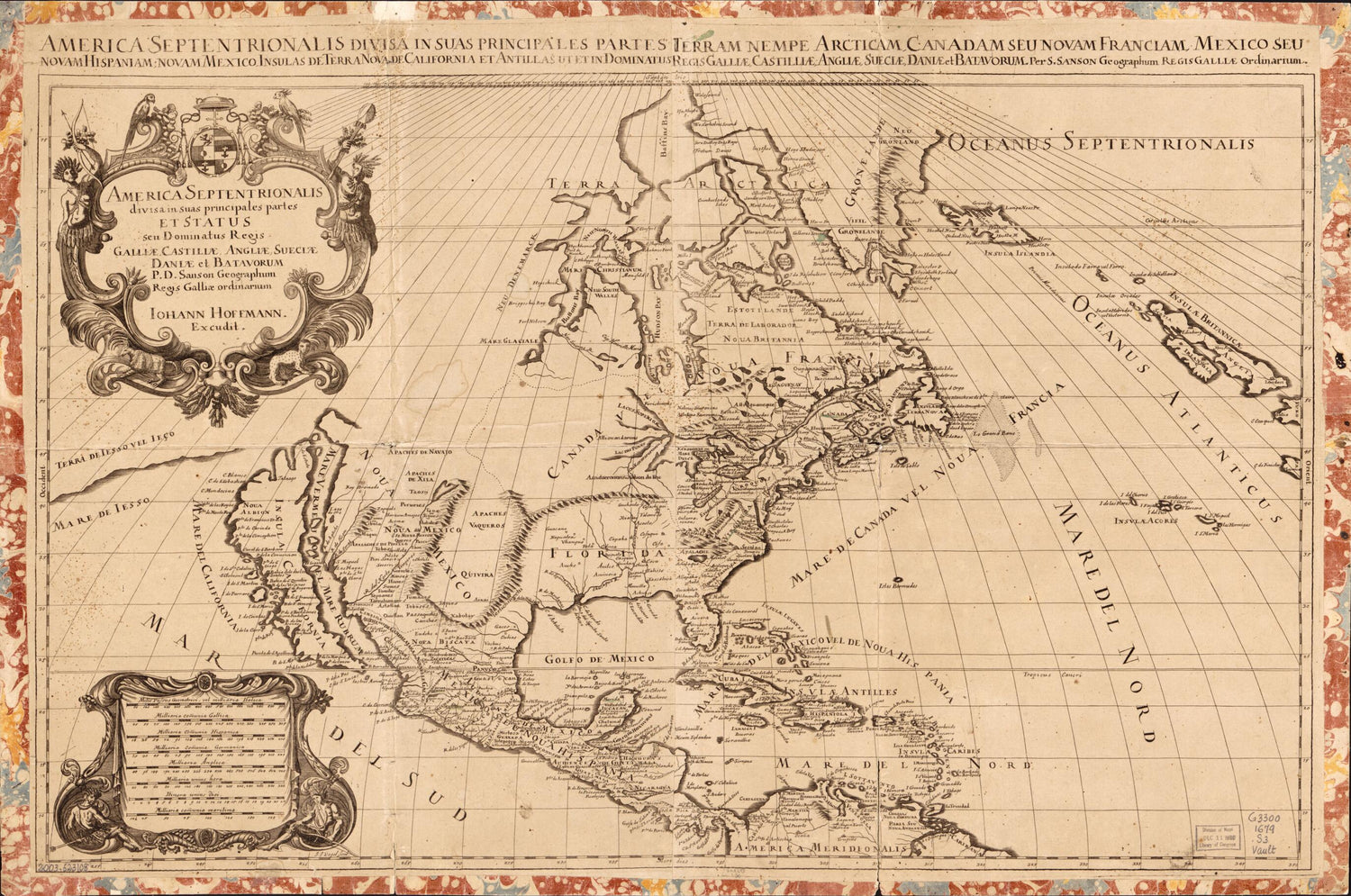 This old map of America Septentrionalis Divisa In Suas Principales Partes Et Status Seu Dominatus Regis Galliæ, Castilliæ, Angliæ, Sueciæ, Danliæ, Et Batavorum from 1679 was created by Johann Jacob Hofmann, P. D. Sanson in 1679