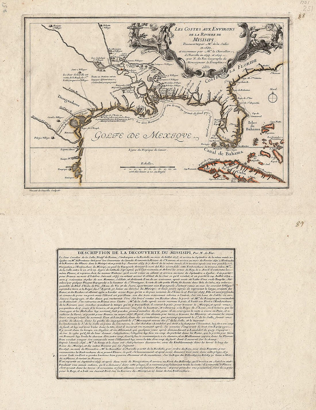 This old map of Les Costes Aux Environs De La Rivière De Misisipi : Découvertes Par Mr. De La Salle En 1683 Et Reconnues Par Mr. Le Chevallier D&