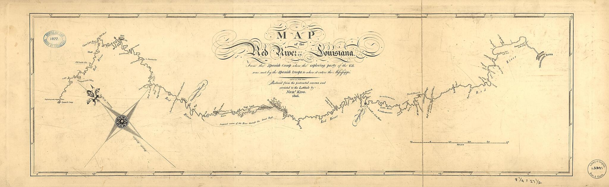 This old map of Map of the Red River In Louisiana from the Spanish Camp Where the Exploring Party of the U.S. Was Met by the Spanish Troops to Where It Enters the Mississippi, Reduced from the Protracted Courses and Corrected to the Latitude from 1806 wa