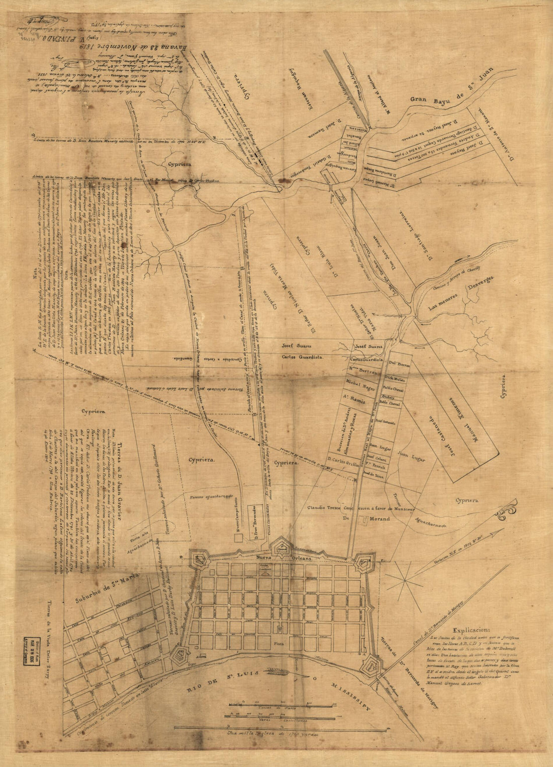 This old map of Map of New Orleans and Vicinity from 1819 was created by Vicente Sebastián Pintado, Charles Laveau Trudeau in 1819
