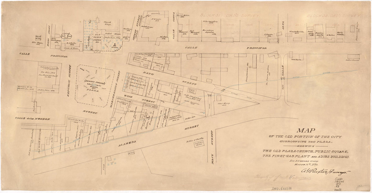Map of the Old Portion of the City Surrounding the Plaza, Showing the Old Plaza Church, Public Square, the First Gas Plant and Adode Buildings, Los Angeles City, March 12th, 1873 by Relic Map Company