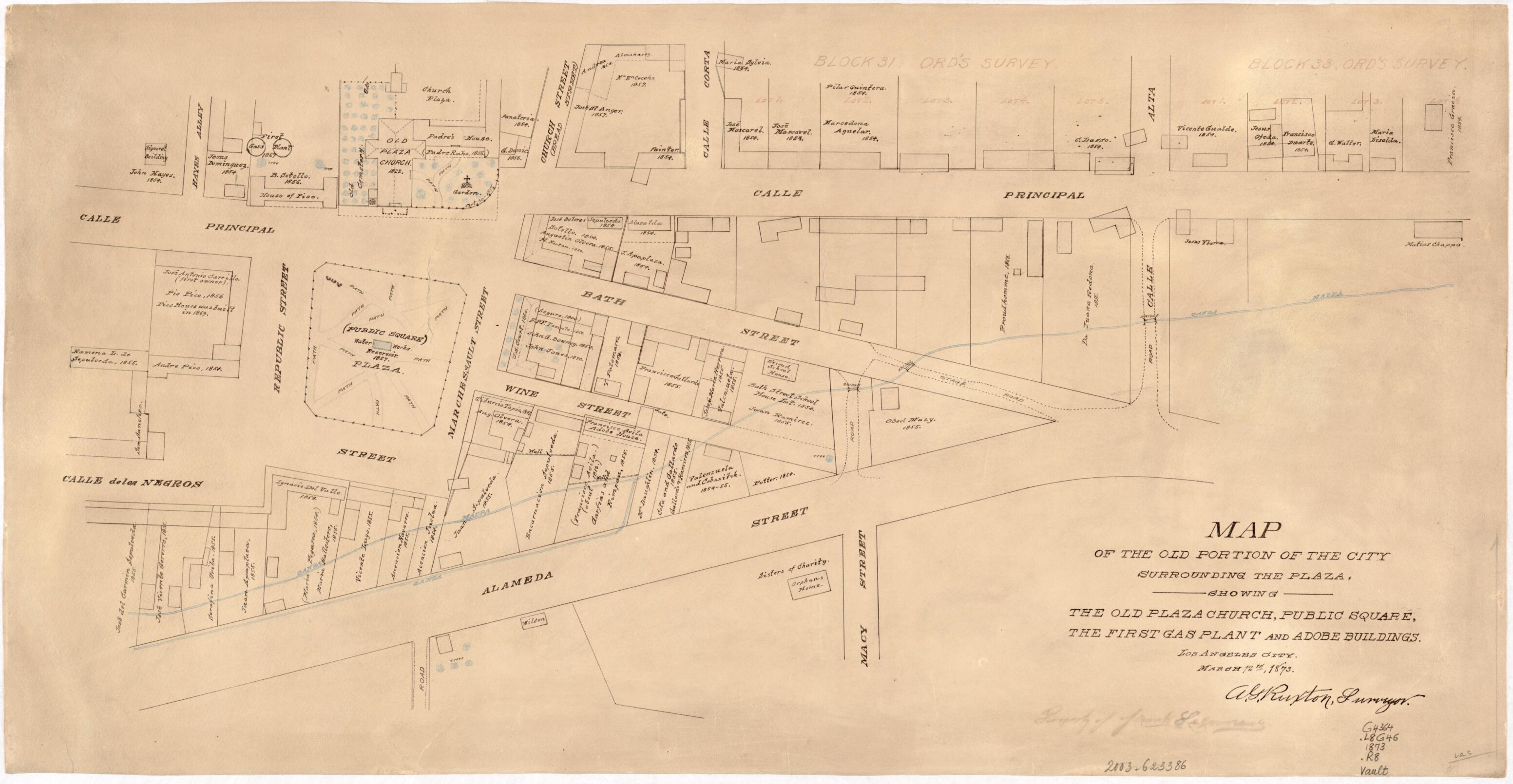 This old map of Map of the Old Portion of the City Surrounding the Plaza, Showing the Old Plaza Church, Public Square, the First Gas Plant and Adode Buildings, Los Angeles City, March 12th, from 1873 was created by A. G. Ruxton in 1873