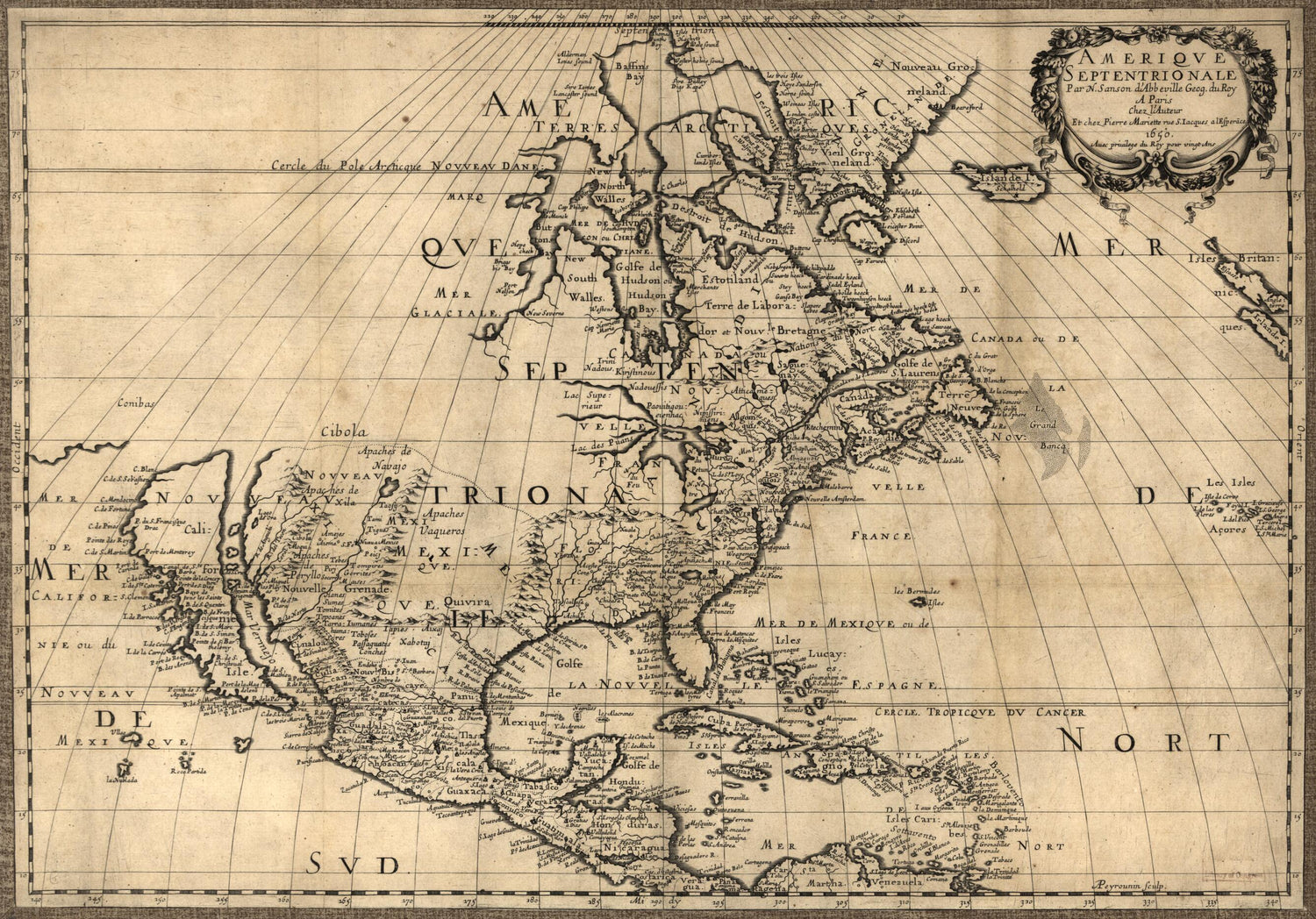 This old map of Amérique Septentrionale from 1650 was created by  Jean, A. Peyrounin, Nicolas Sanson in 1650