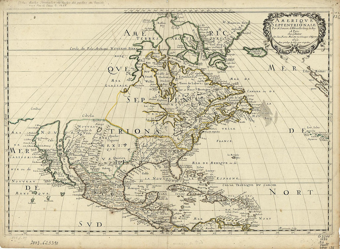 This old map of Amérique Septentrionale from 1650 was created by  Jean, A. Peyrounin, Nicolas Sanson in 1650