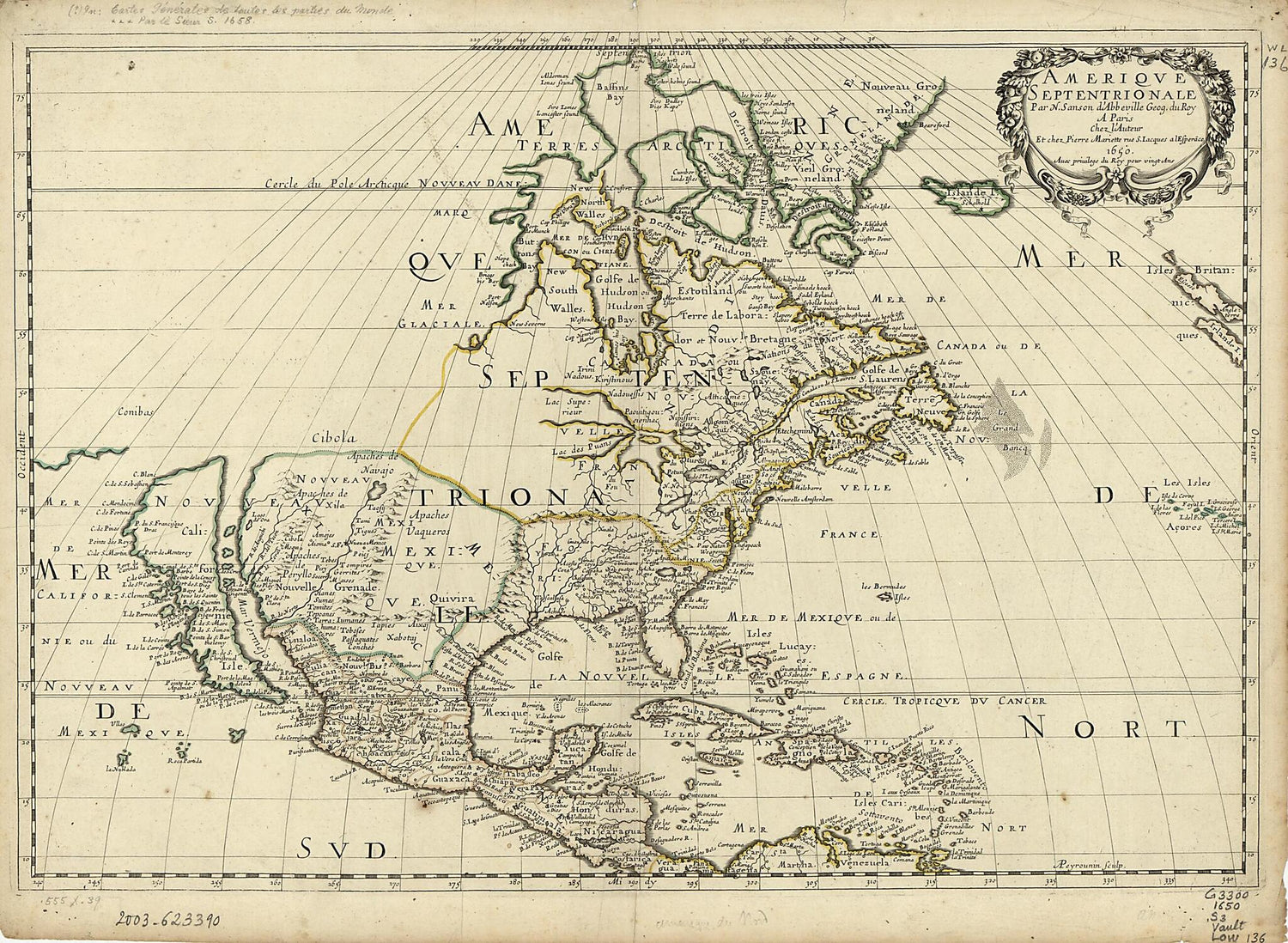 This old map of Amérique Septentrionale from 1650 was created by  Jean, A. Peyrounin, Nicolas Sanson in 1650